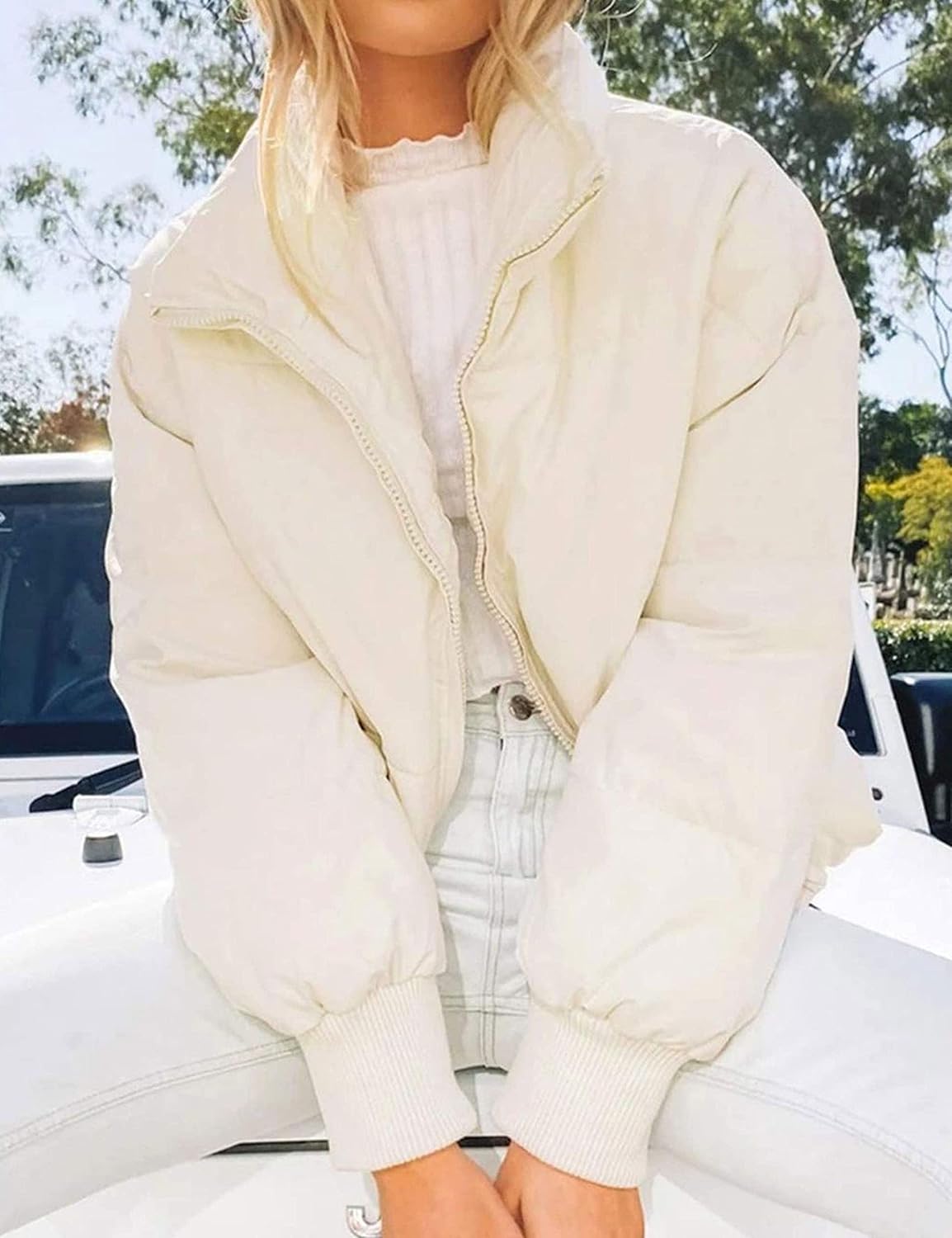 Unilexi Womens Casual Cropped Puffer Jackets Oversized Padded Stand Collar Winter Coats