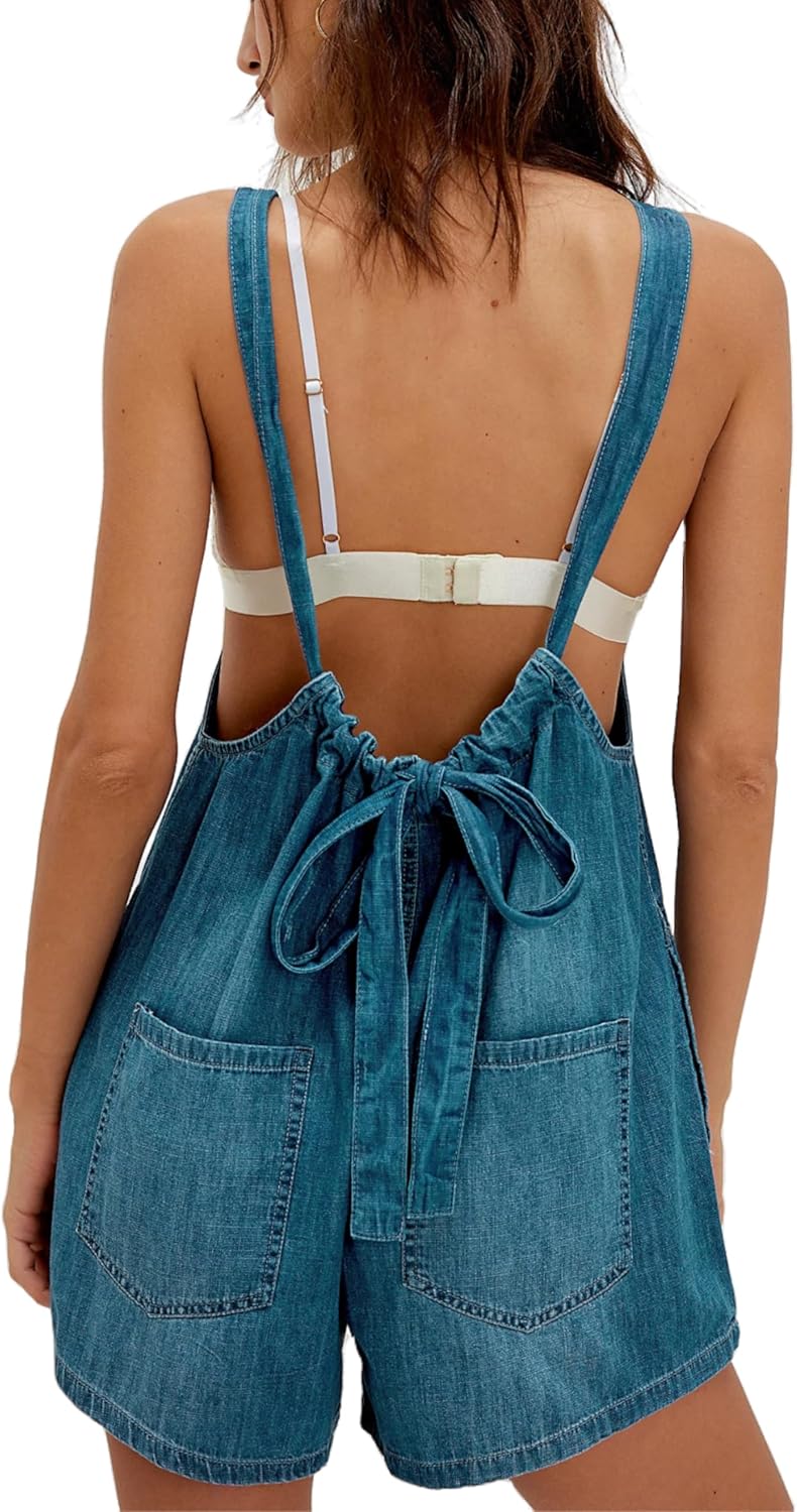 Unilexi Womens Casual Denim Backless Shorts Romper Loose Adjustable Straps Jeans Shorts Overalls with Pockets