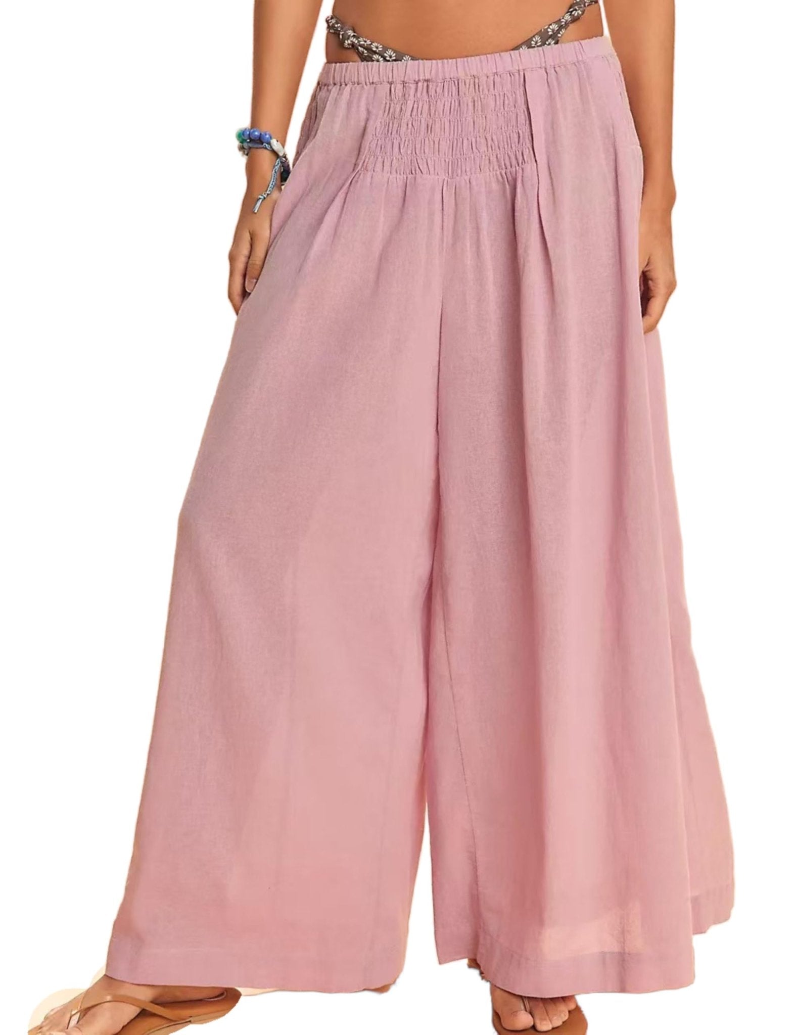 Unilexi Womens Casual Elastic Waist Wide Leg Palazzo Pants Low-Rise Flowy Beach Dress Pants