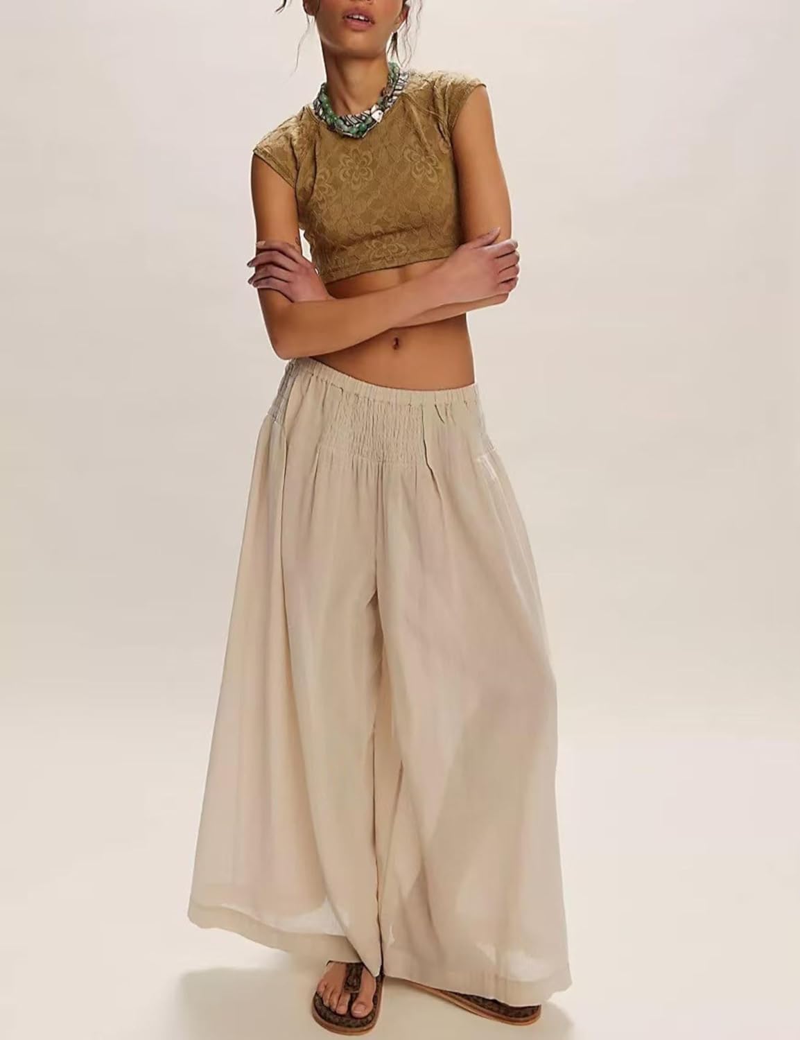 Unilexi Womens Casual Elastic Waist Wide Leg Palazzo Pants Low-Rise Flowy Beach Dress Pants