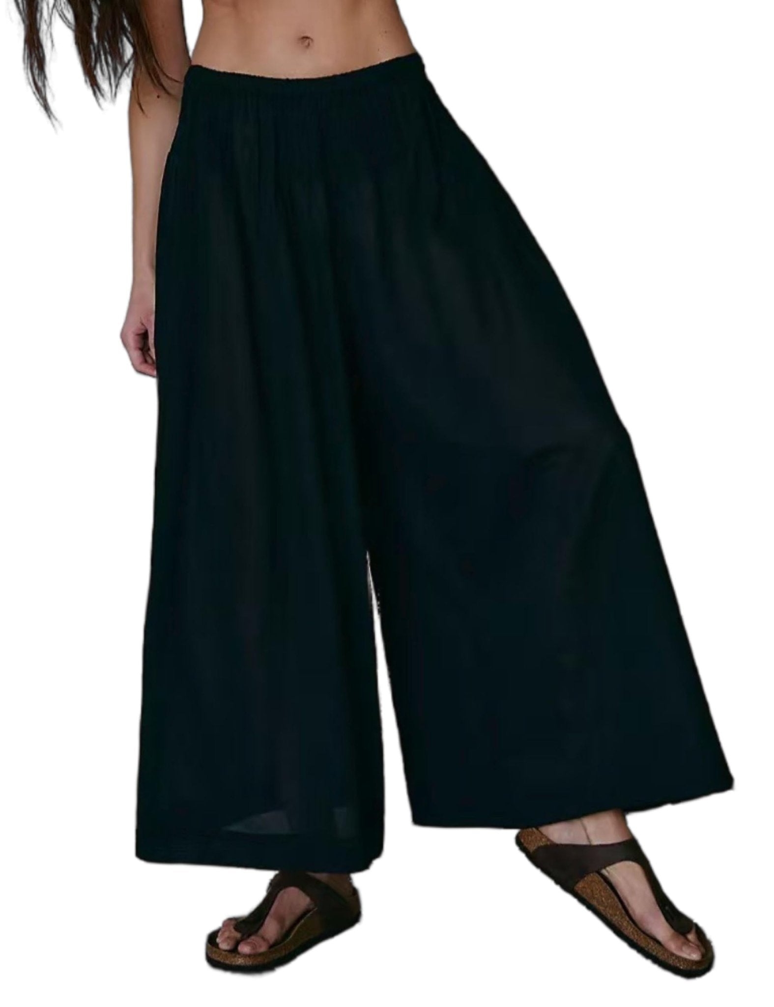 Unilexi Womens Casual Elastic Waist Wide Leg Palazzo Pants Low-Rise Flowy Beach Dress Pants