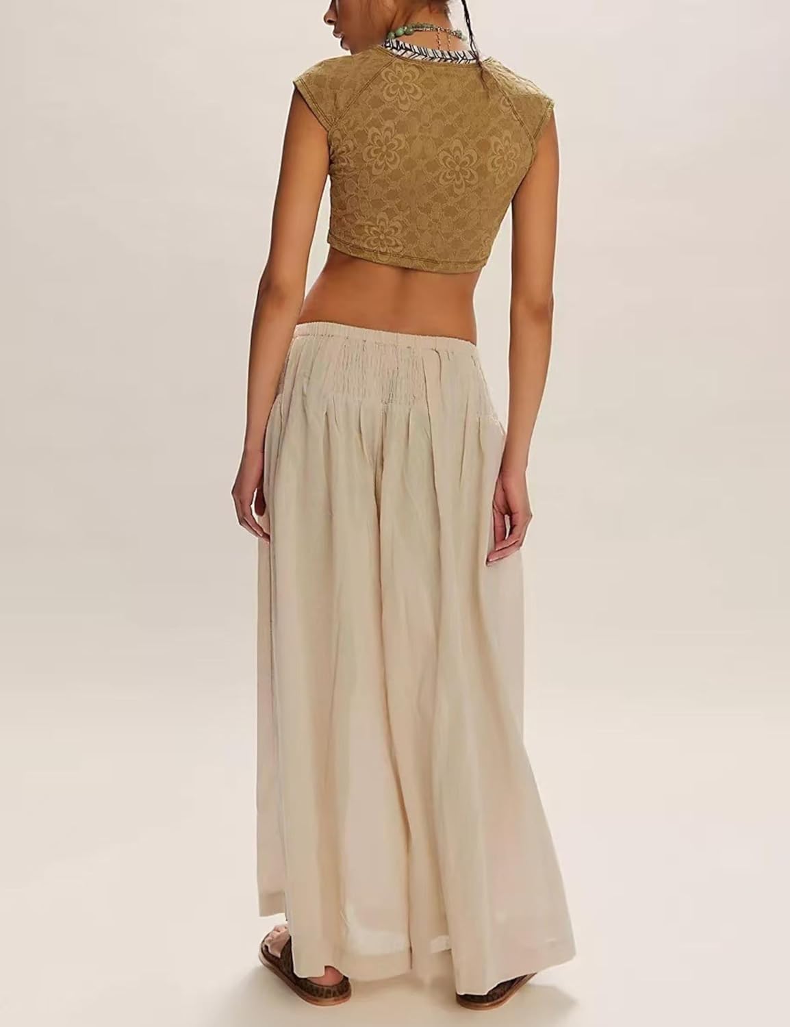 Unilexi Womens Casual Elastic Waist Wide Leg Palazzo Pants Low-Rise Flowy Beach Dress Pants