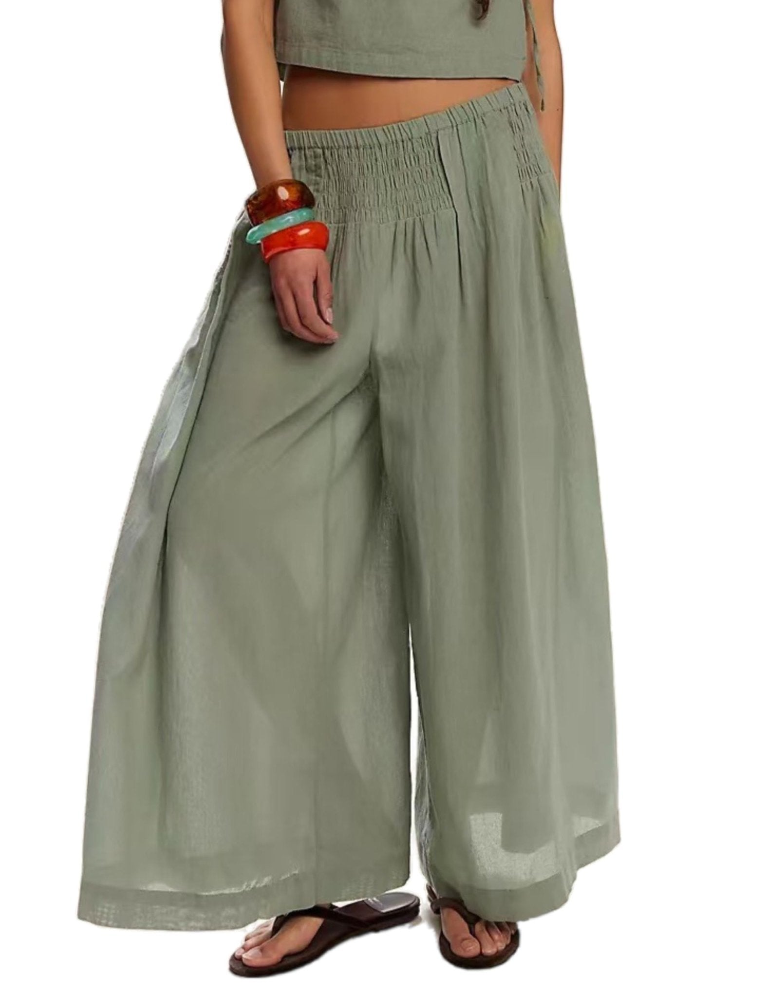 Unilexi Womens Casual Elastic Waist Wide Leg Palazzo Pants Low-Rise Flowy Beach Dress Pants