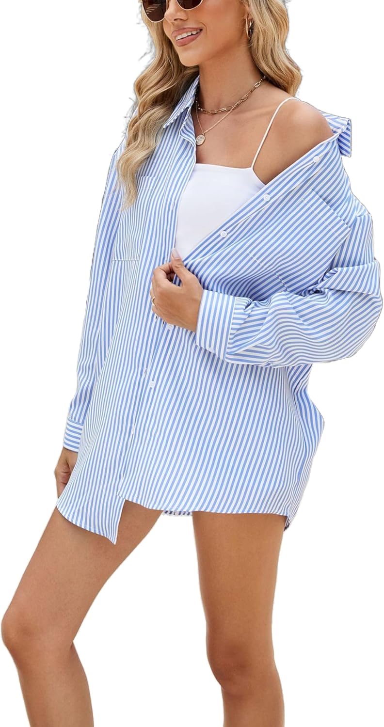 Unilexi Womens Casual Lapel Striped Button Down Shirt Long Sleeve Oversized Boyfriend Shirt Fall Work Blouses with Pockets