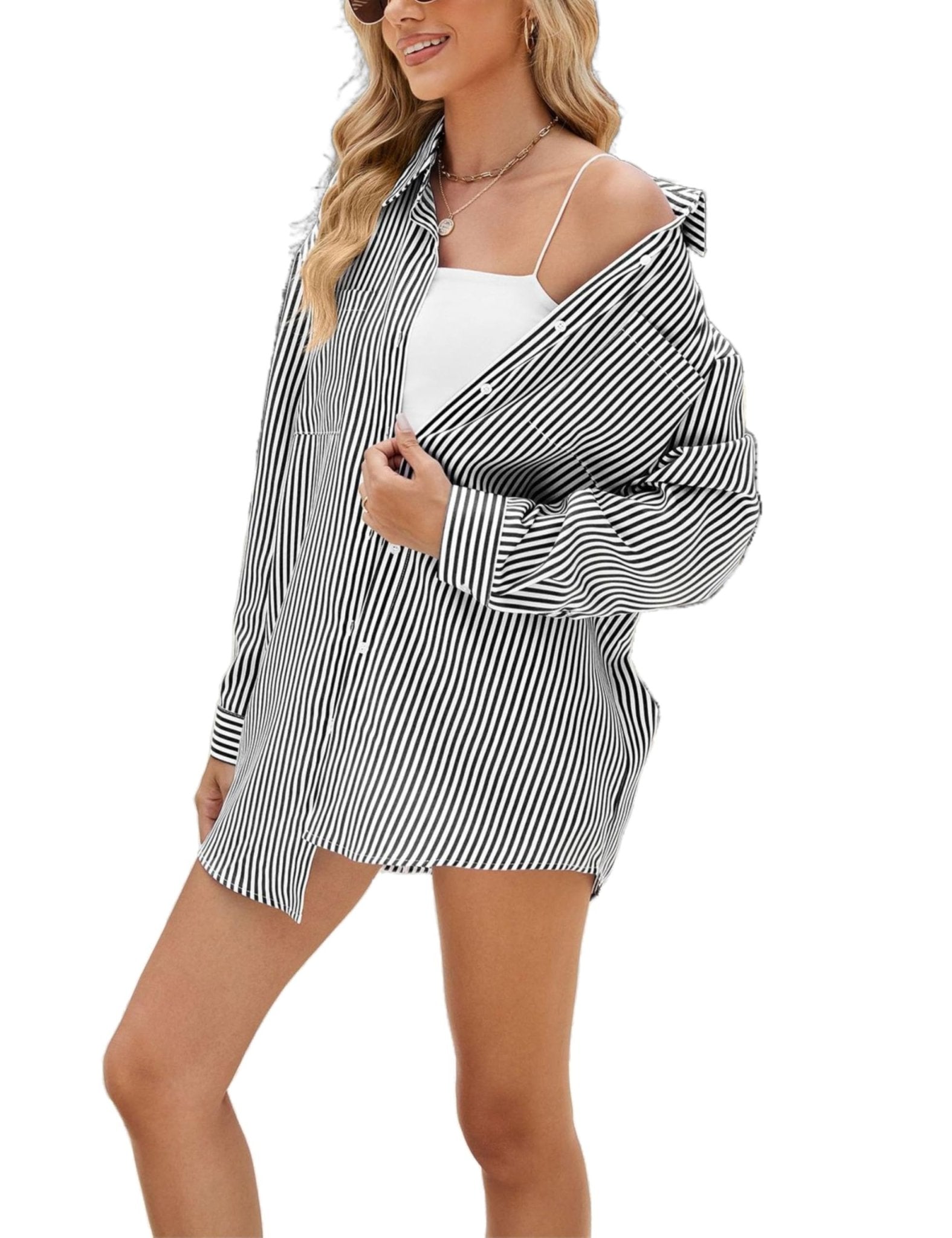Unilexi Womens Casual Lapel Striped Button Down Shirt Long Sleeve Oversized Boyfriend Shirt Fall Work Blouses with Pockets