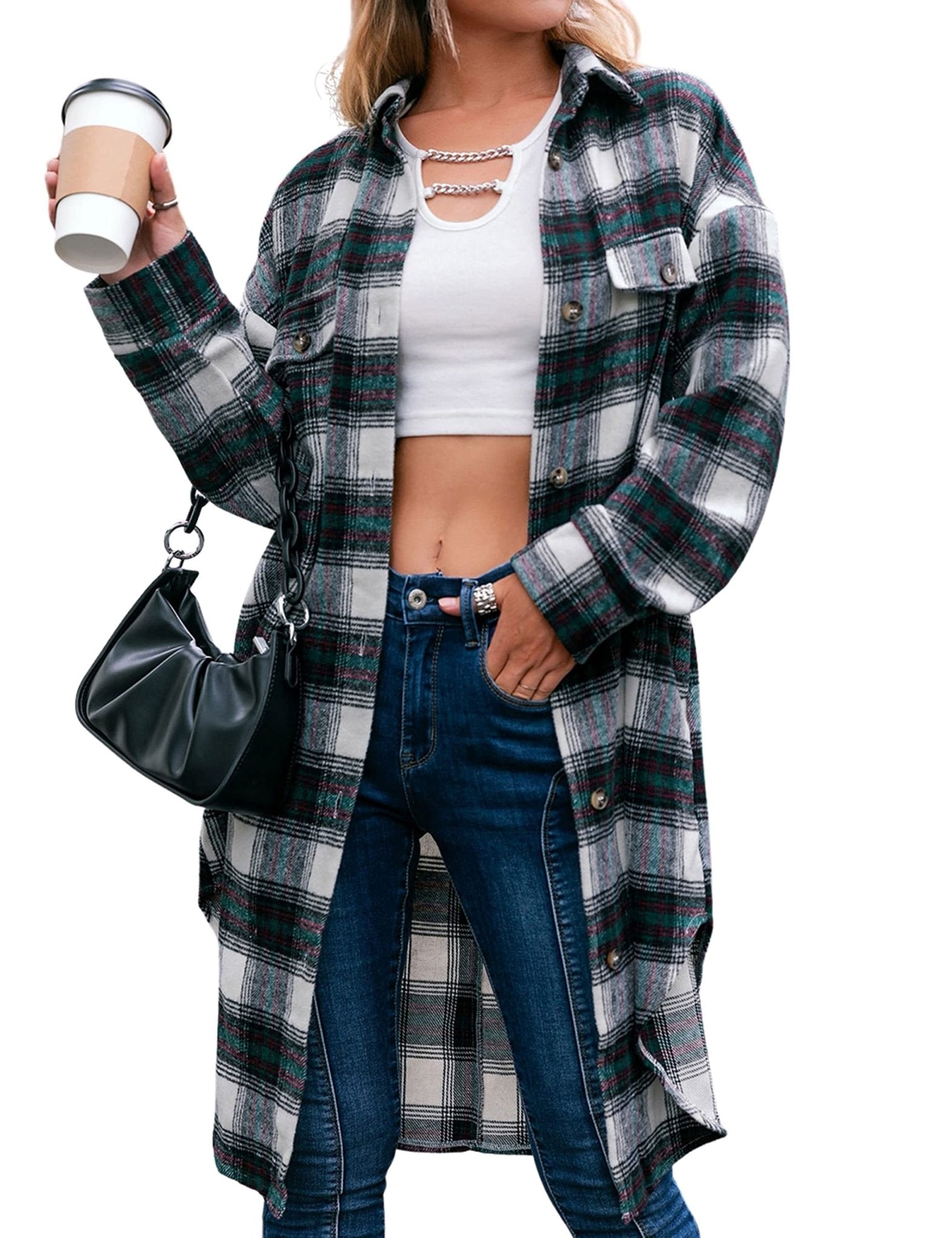 Unilexi Womens Casual Long Plaid Flannel Shackets Long Sleeve Lapel Thin Coat Button Down Oversize Shirt Jacket