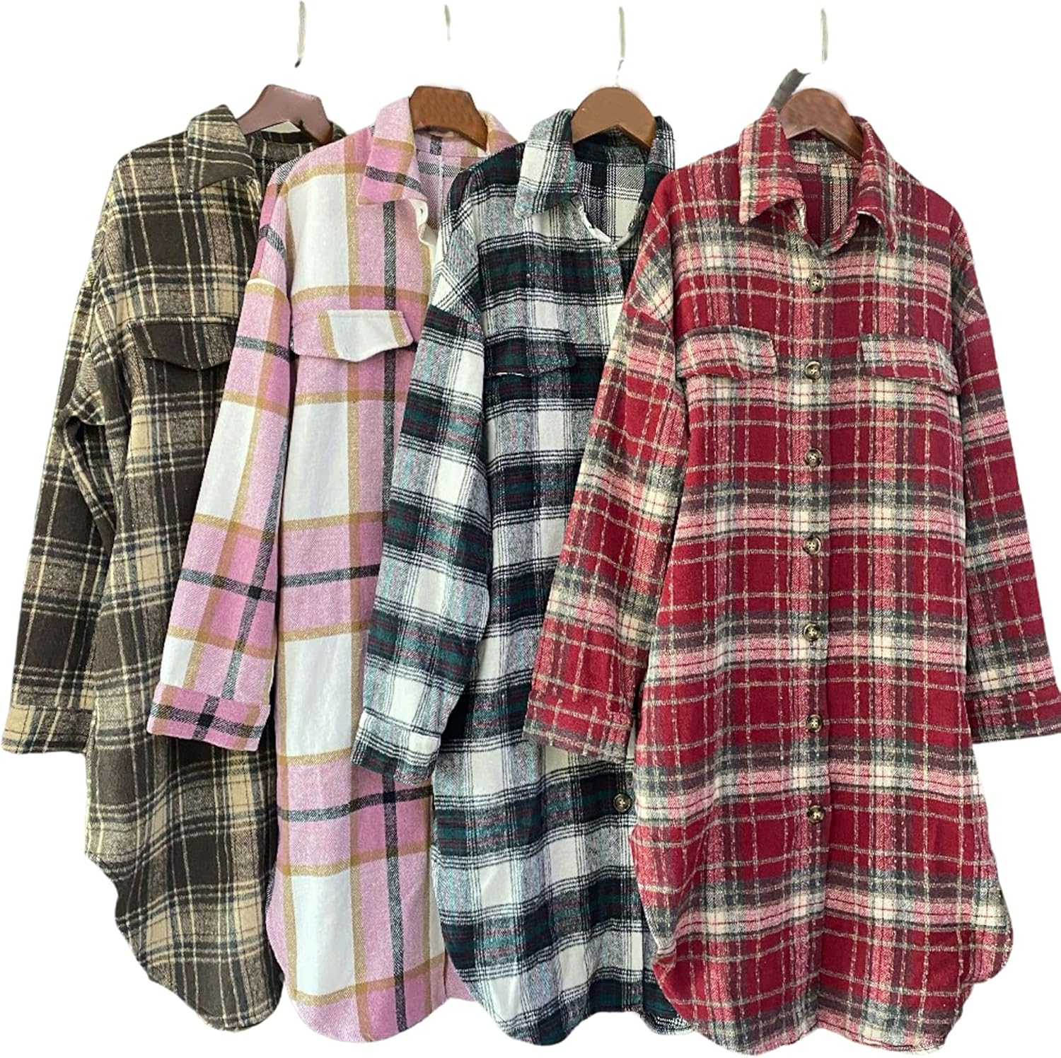 Unilexi Womens Casual Long Plaid Flannel Shackets Long Sleeve Lapel Thin Coat Button Down Oversize Shirt Jacket