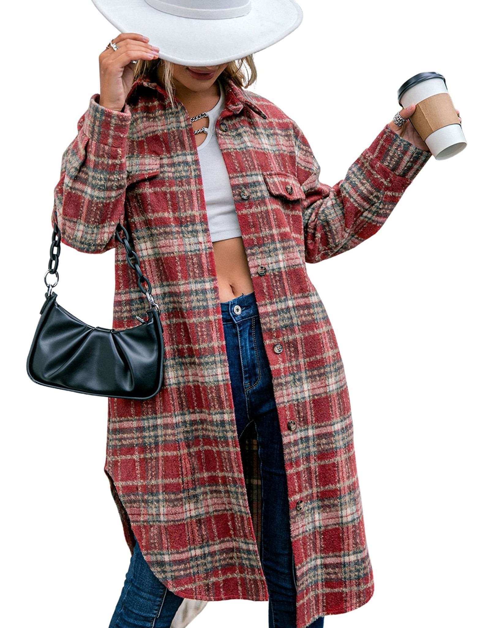 Unilexi Womens Casual Long Plaid Flannel Shackets Long Sleeve Lapel Thin Coat Button Down Oversize Shirt Jacket