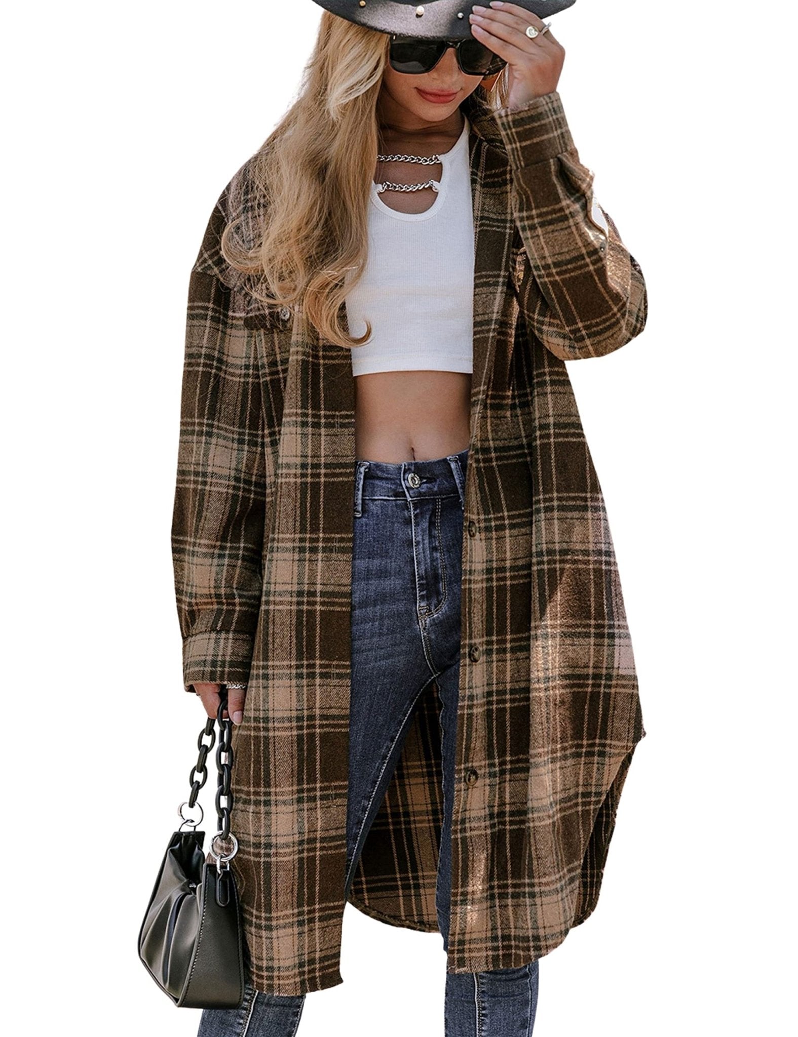 Unilexi Womens Casual Long Plaid Flannel Shackets Long Sleeve Lapel Thin Coat Button Down Oversize Shirt Jacket