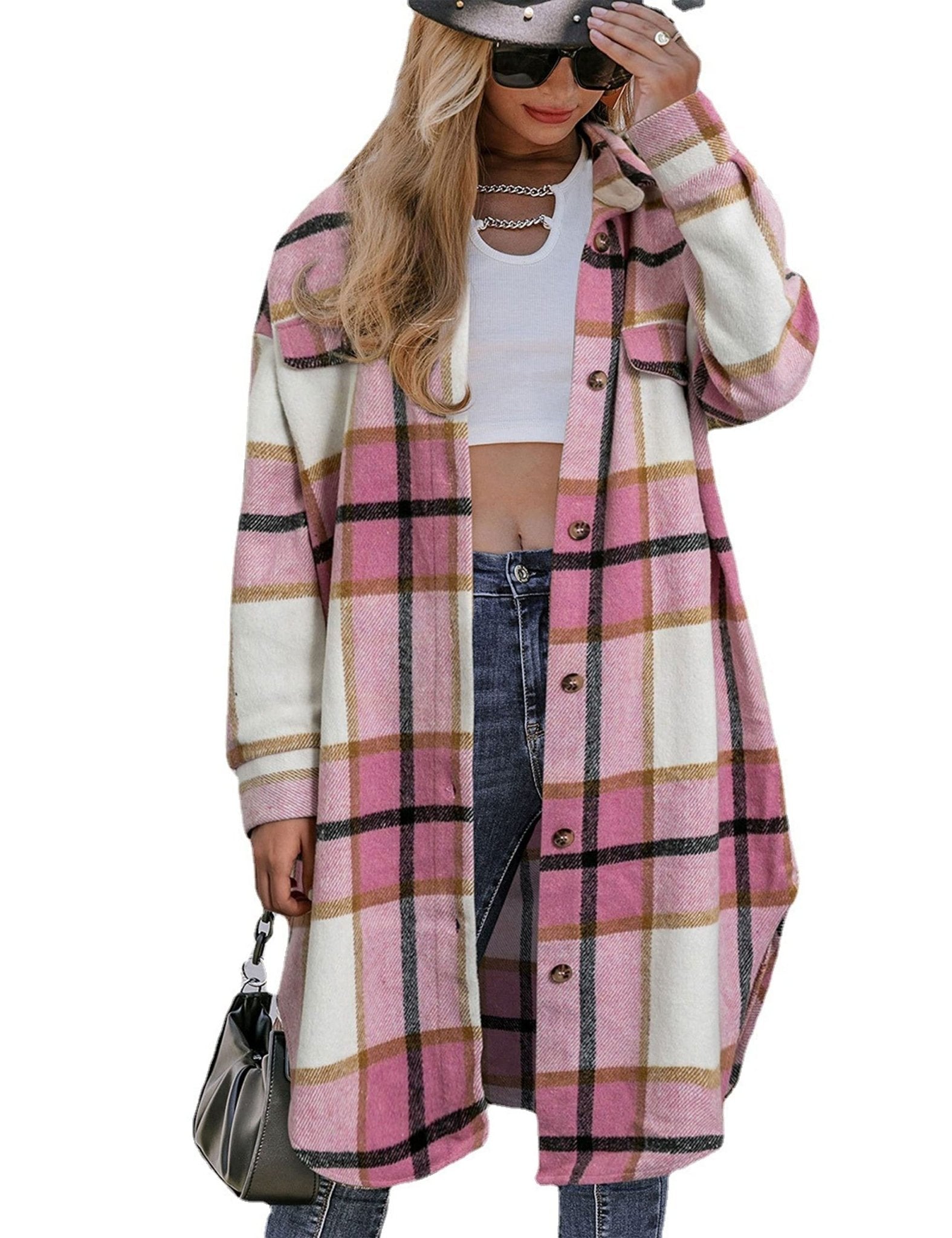 Unilexi Womens Casual Long Plaid Flannel Shackets Long Sleeve Lapel Thin Coat Button Down Oversize Shirt Jacket