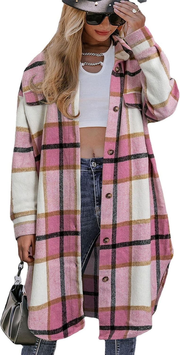 Unilexi Womens Casual Long Plaid Flannel Shackets Long Sleeve Lapel Thin Coat Button Down Oversize Shirt Jacket
