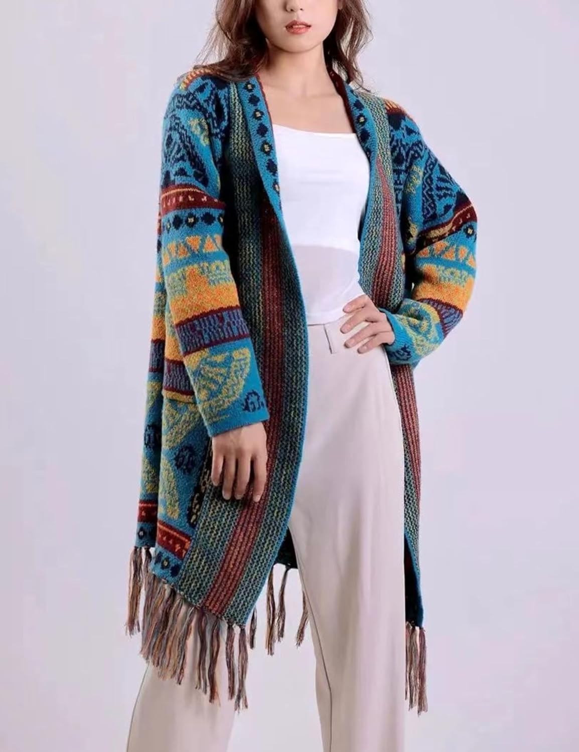 Unilexi Womens Casual Vintage Long Sleeve Tassels Knitted Cardigan Boho Aztec Style Open Front Sweater Coat