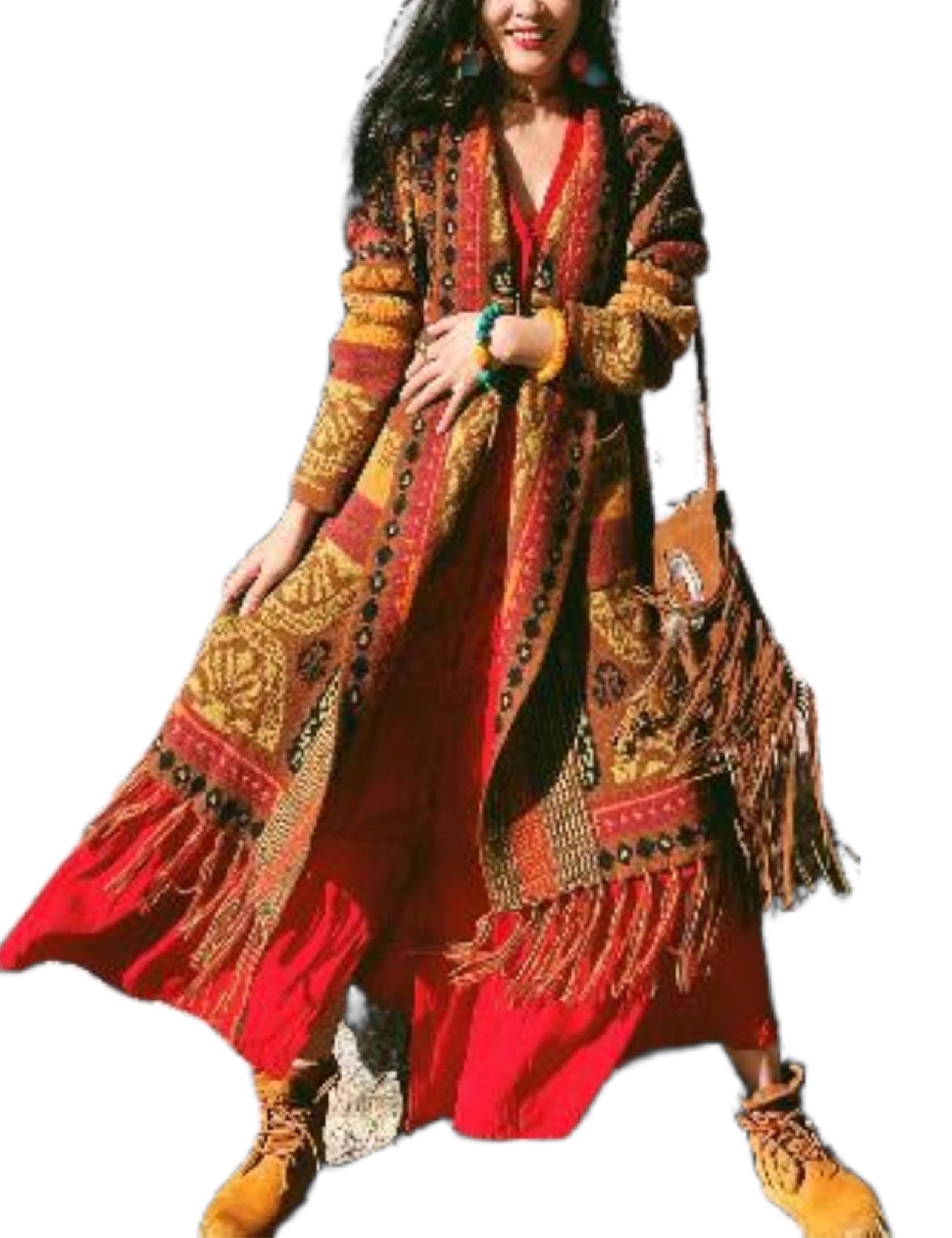 Unilexi Womens Casual Vintage Long Sleeve Tassels Knitted Cardigan Boho Aztec Style Open Front Sweater Coat