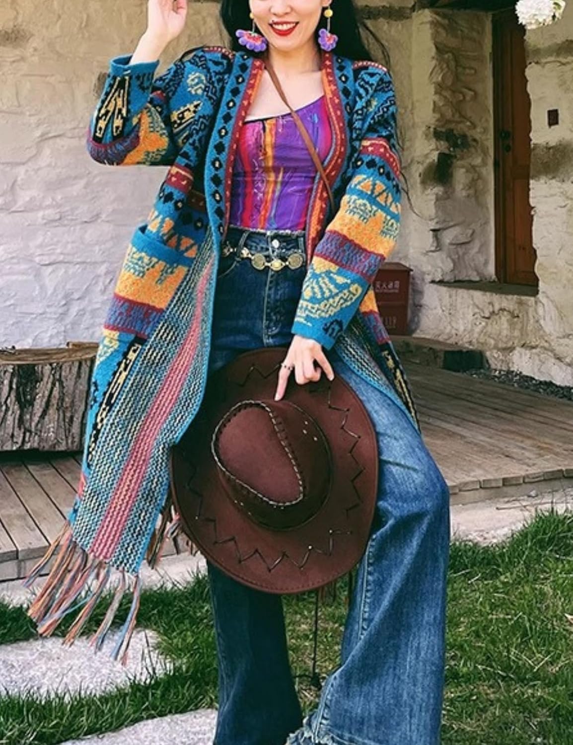 Unilexi Womens Casual Vintage Long Sleeve Tassels Knitted Cardigan Boho Aztec Style Open Front Sweater Coat