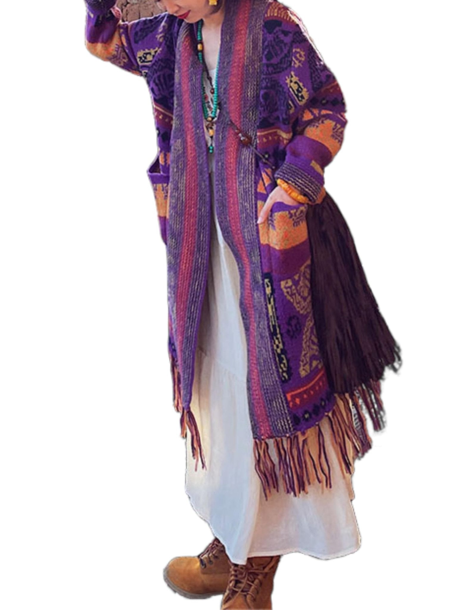 Unilexi Womens Casual Vintage Long Sleeve Tassels Knitted Cardigan Boho Aztec Style Open Front Sweater Coat