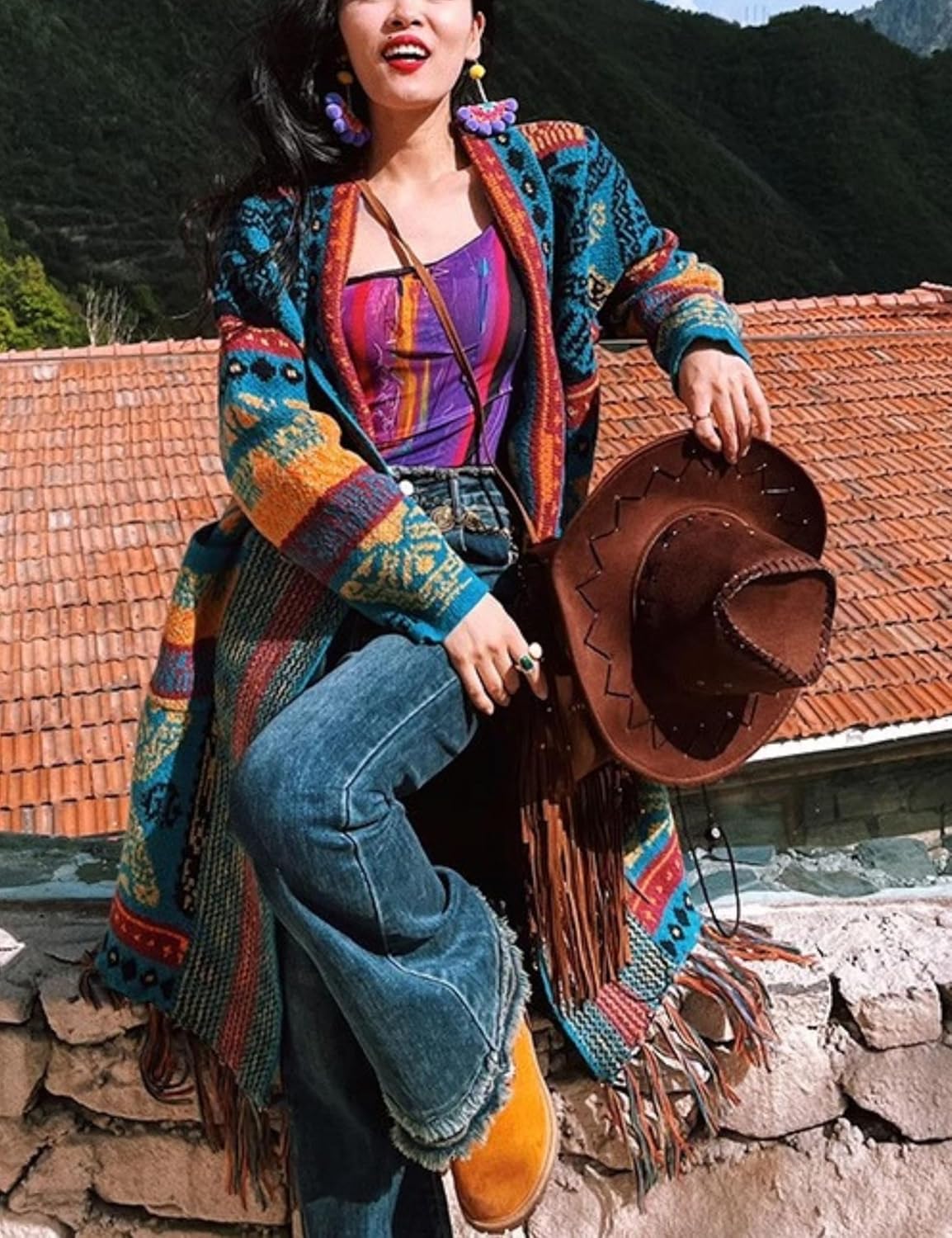 Unilexi Womens Casual Vintage Long Sleeve Tassels Knitted Cardigan Boho Aztec Style Open Front Sweater Coat