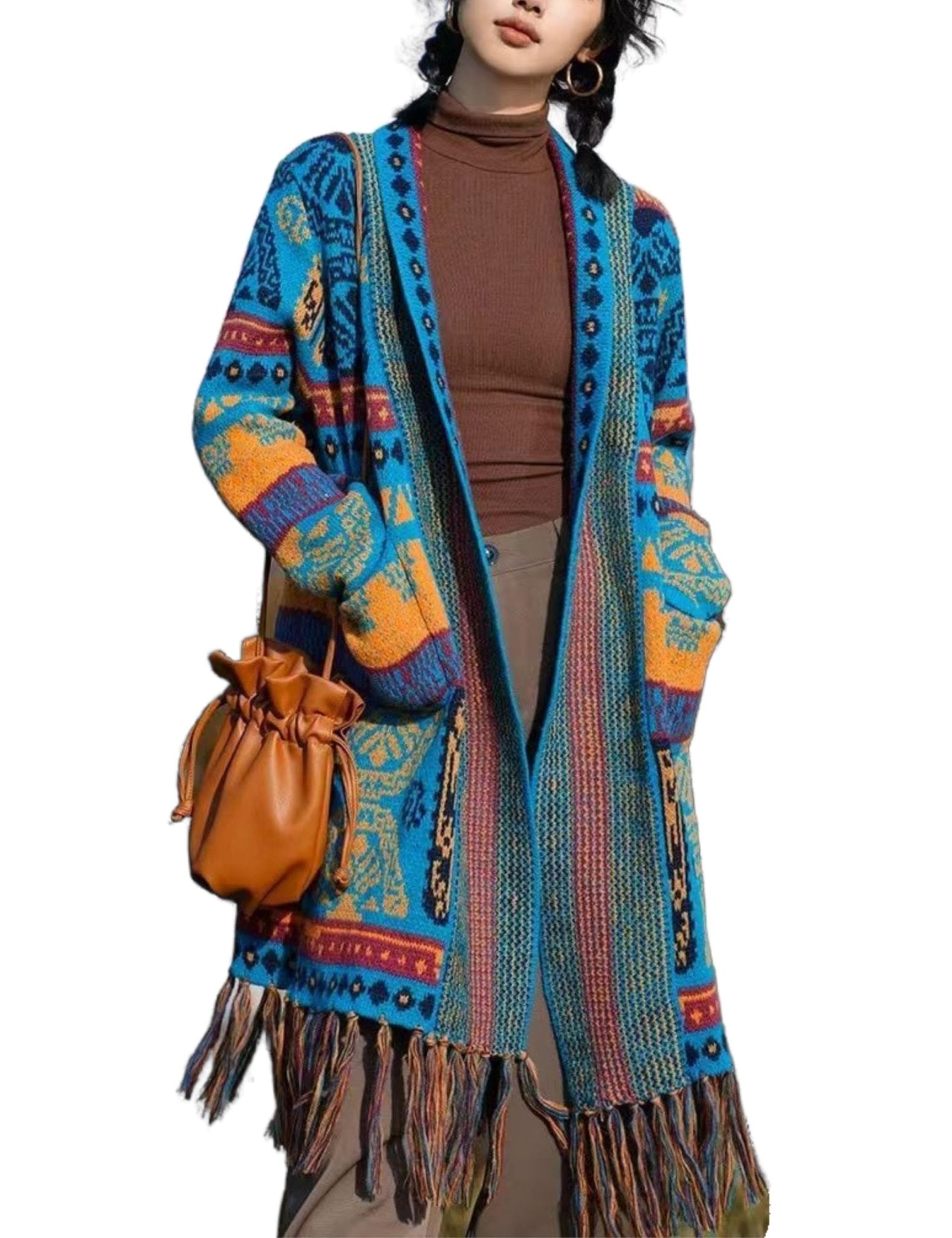 Unilexi Womens Casual Vintage Long Sleeve Tassels Knitted Cardigan Boho Aztec Style Open Front Sweater Coat