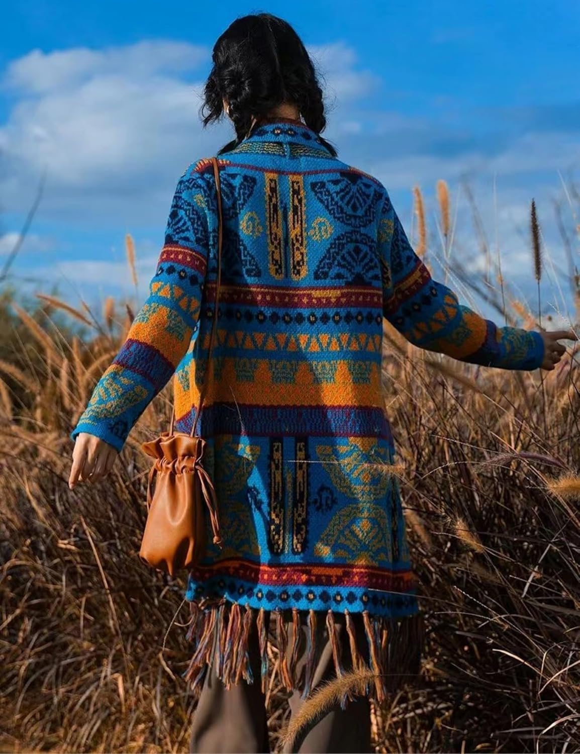 Unilexi Womens Casual Vintage Long Sleeve Tassels Knitted Cardigan Boho Aztec Style Open Front Sweater Coat