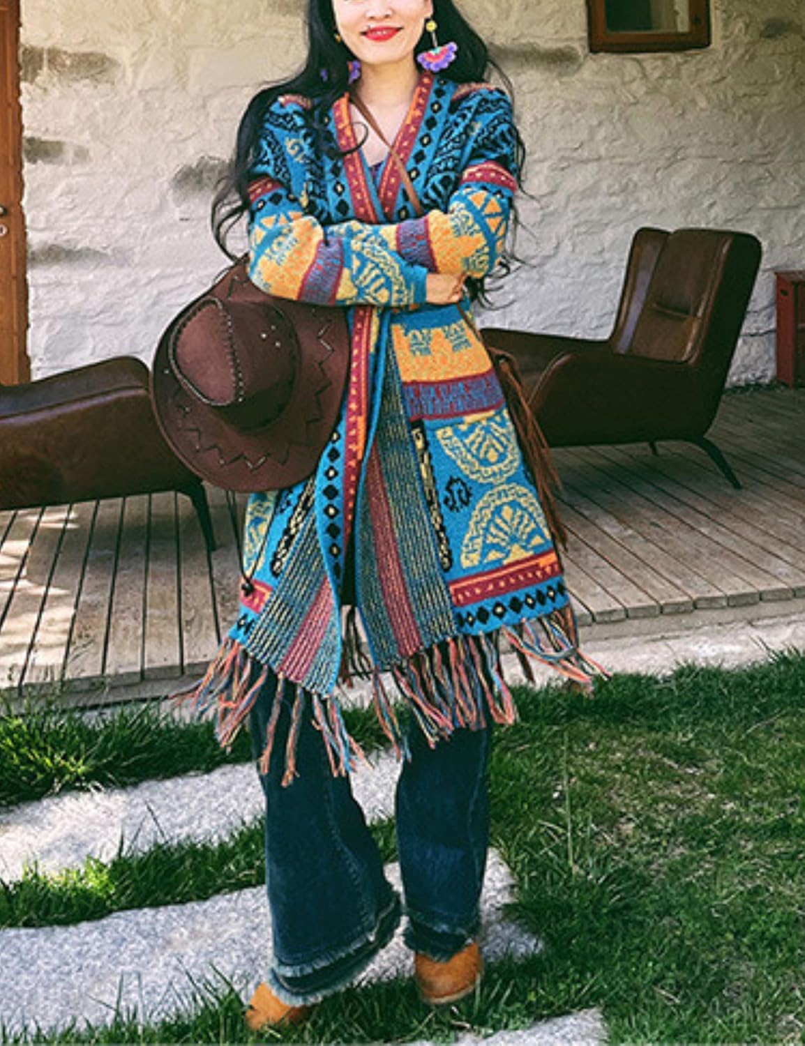 Unilexi Womens Casual Vintage Long Sleeve Tassels Knitted Cardigan Boho Aztec Style Open Front Sweater Coat