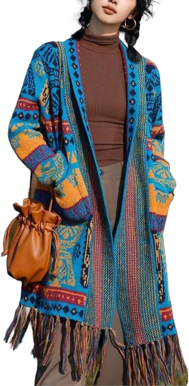 Unilexi Womens Casual Vintage Long Sleeve Tassels Knitted Cardigan Boho Aztec Style Open Front Sweater Coat