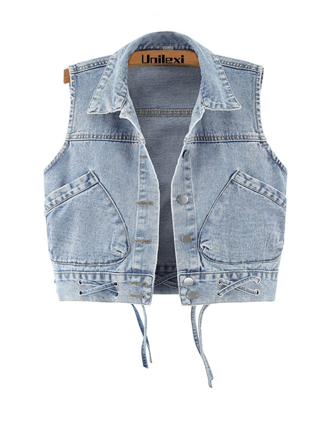 Unilexi Womens Crop Denim Vest Lapel Collar Lace Up Short Jean Gilet with Pockets