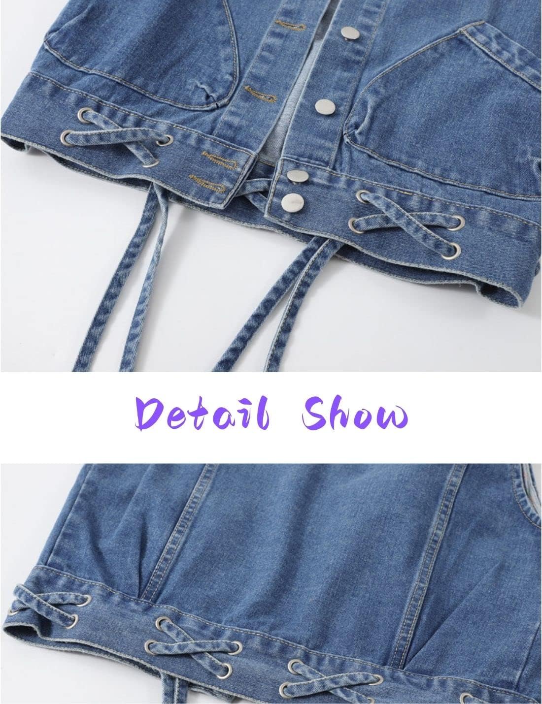 Unilexi Womens Crop Denim Vest Lapel Collar Lace Up Short Jean Gilet with Pockets