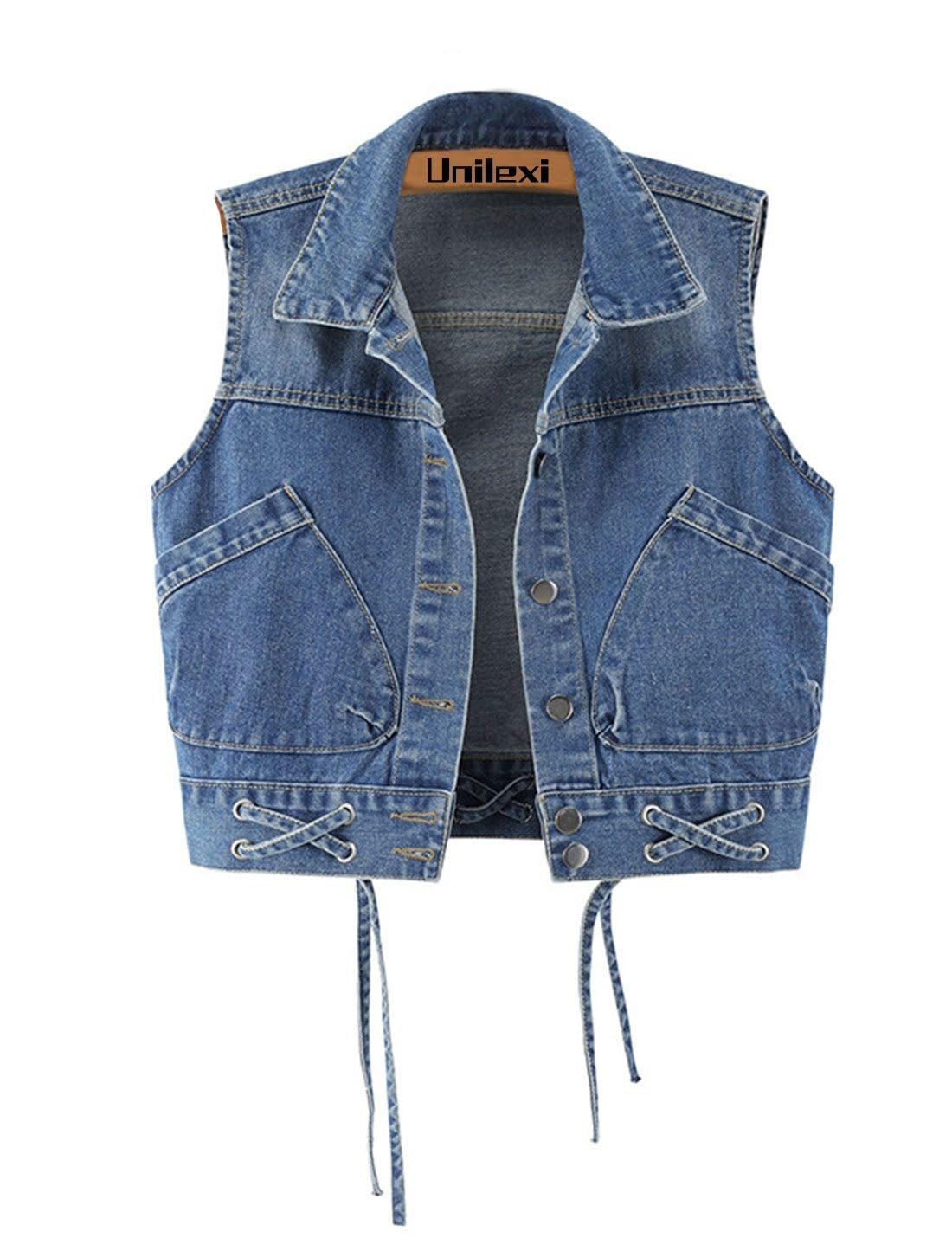 Unilexi Womens Crop Denim Vest Lapel Collar Lace Up Short Jean Gilet with Pockets