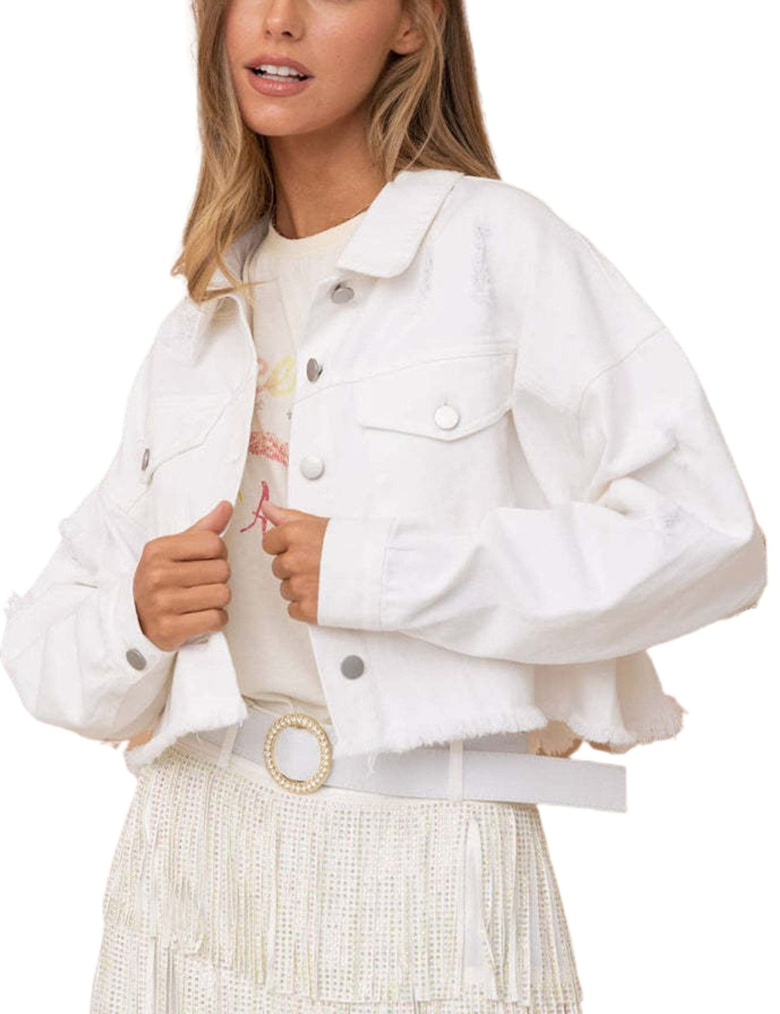 Unilexi Women’s Cropped Rhinestone Fringe Denim Jacket Star Printed Distressed Ripped Tassel Jean Coat