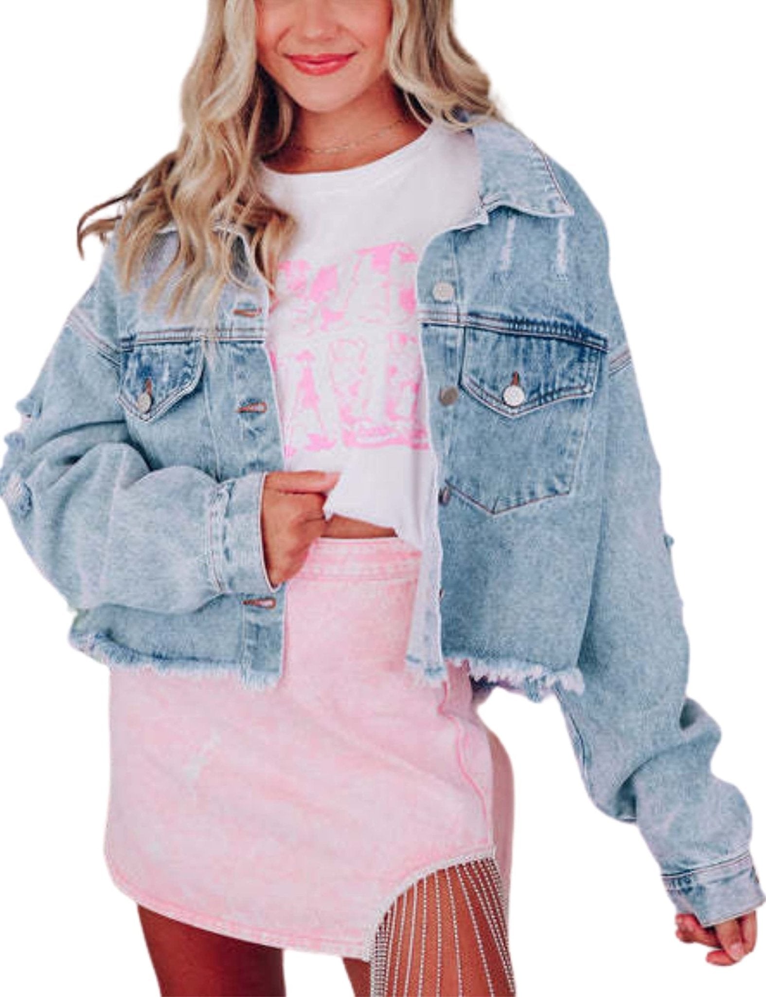 Unilexi Women’s Cropped Rhinestone Fringe Denim Jacket Star Printed Distressed Ripped Tassel Jean Coat