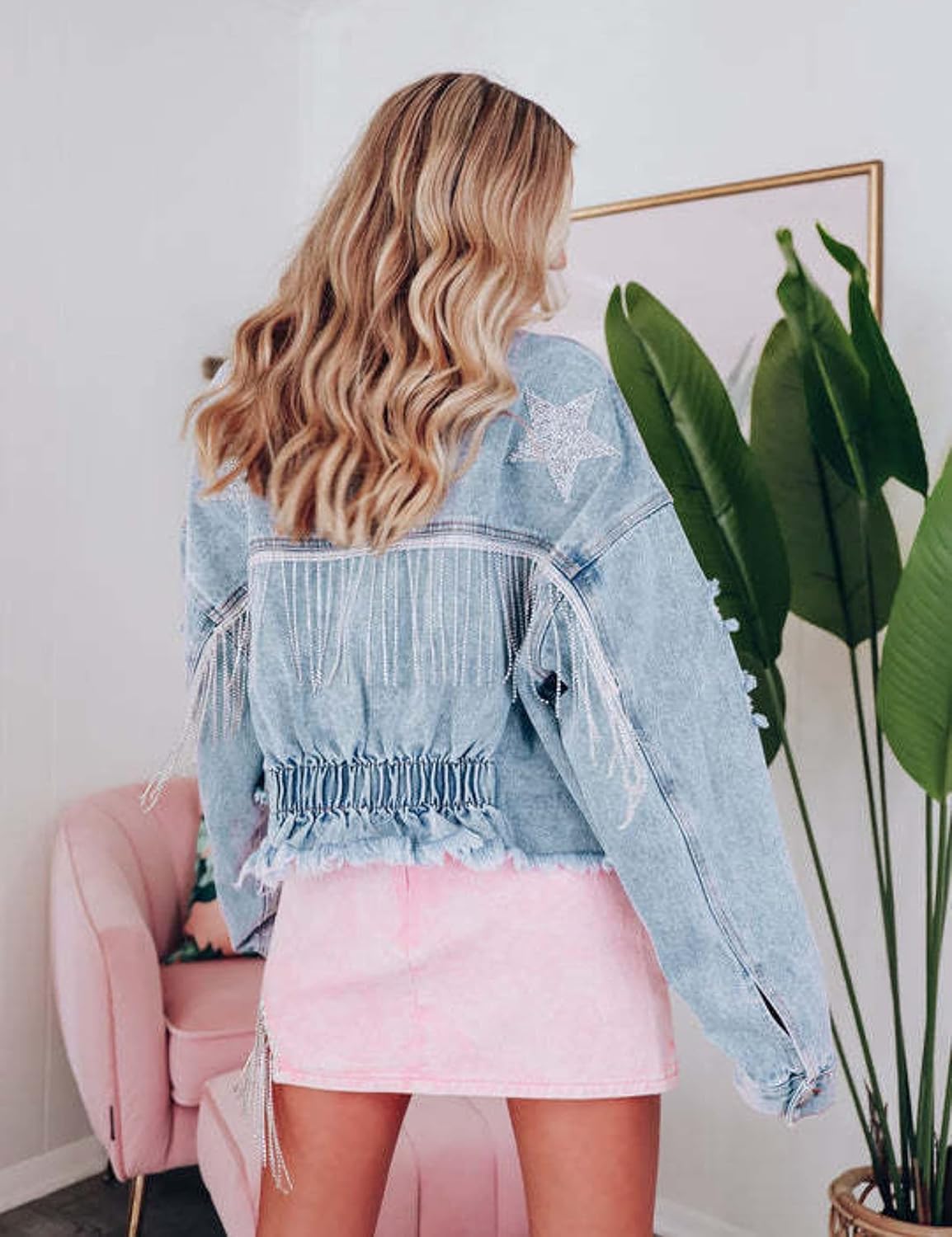 Unilexi Women’s Cropped Rhinestone Fringe Denim Jacket Star Printed Distressed Ripped Tassel Jean Coat