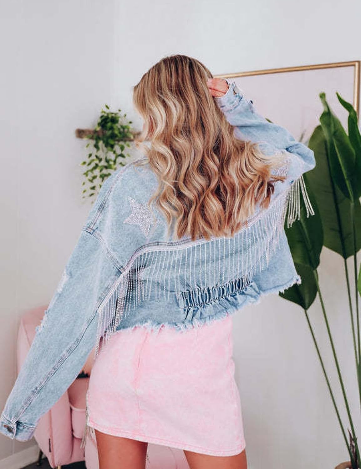 Unilexi Women’s Cropped Rhinestone Fringe Denim Jacket Star Printed Distressed Ripped Tassel Jean Coat