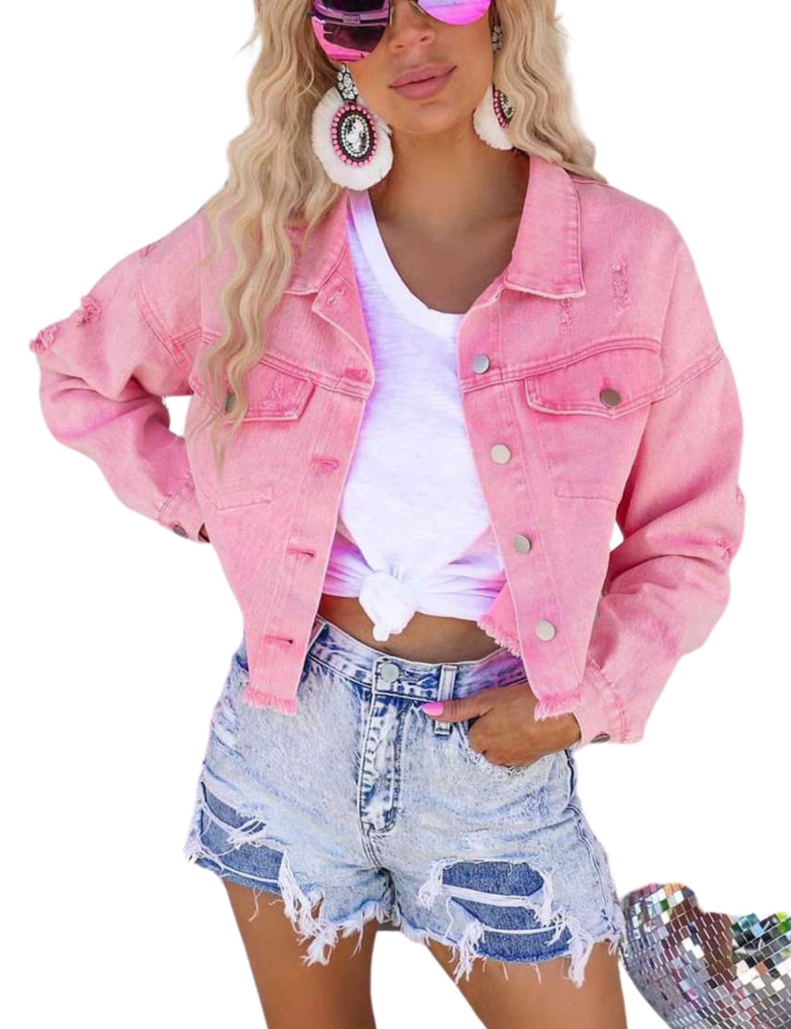 Unilexi Women’s Cropped Rhinestone Fringe Denim Jacket Star Printed Distressed Ripped Tassel Jean Coat