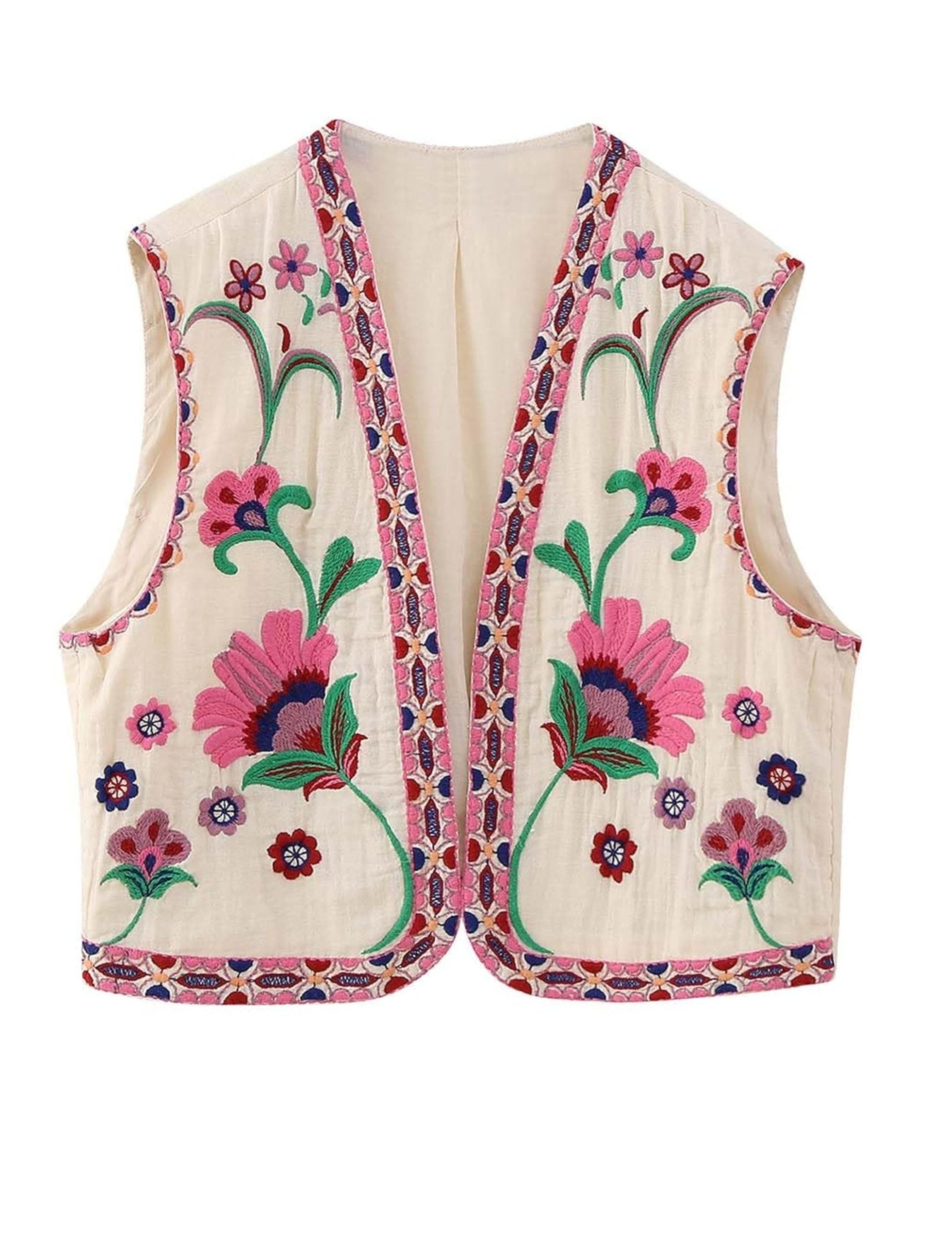 Unilexi Women's Embroidered Vest Outerwear Vintage Floral Cropped Waistcoat Casual Open Sleeveless Boho Cardigan