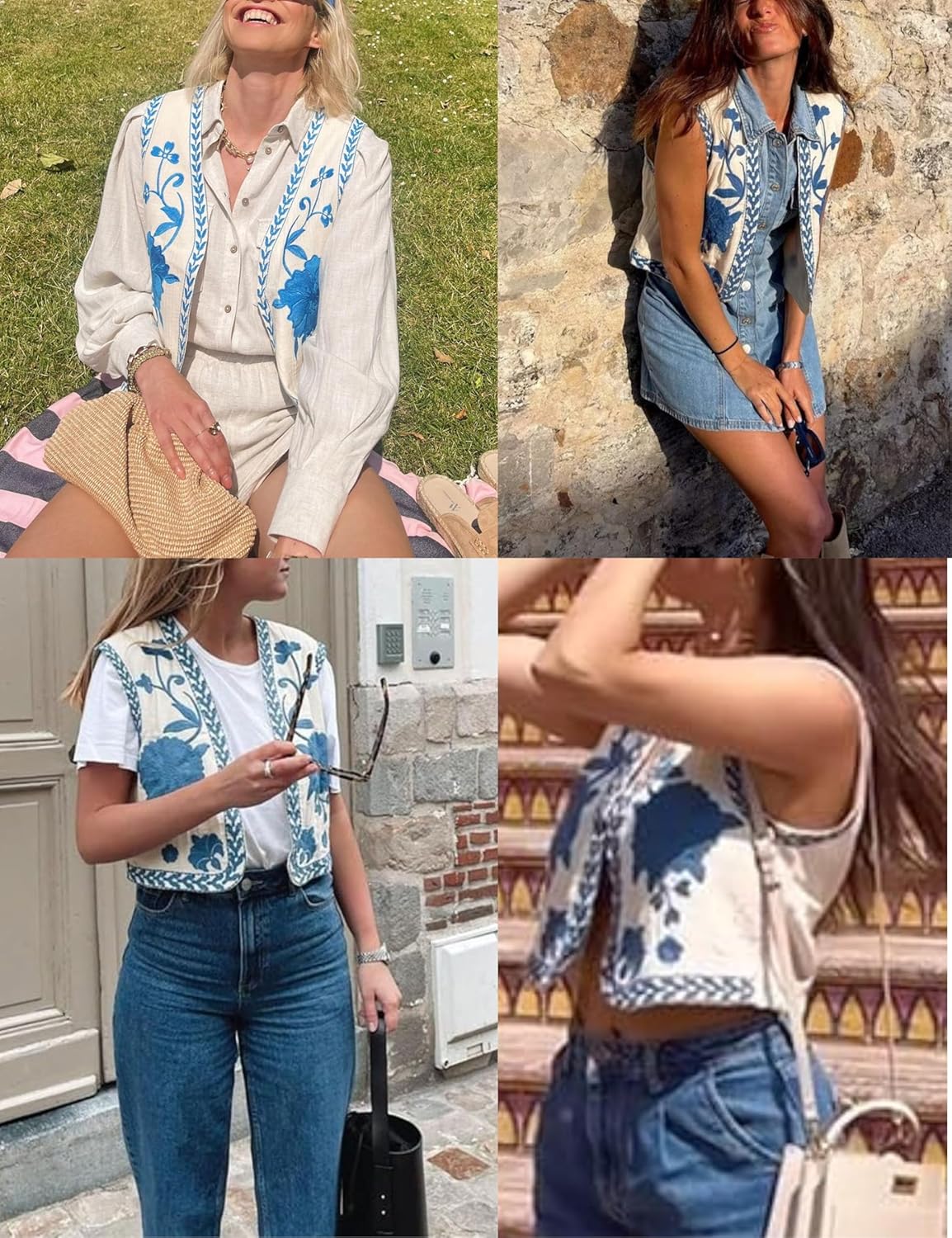 Unilexi Women's Embroidered Vest Outerwear Vintage Floral Cropped Waistcoat Casual Open Sleeveless Boho Cardigan