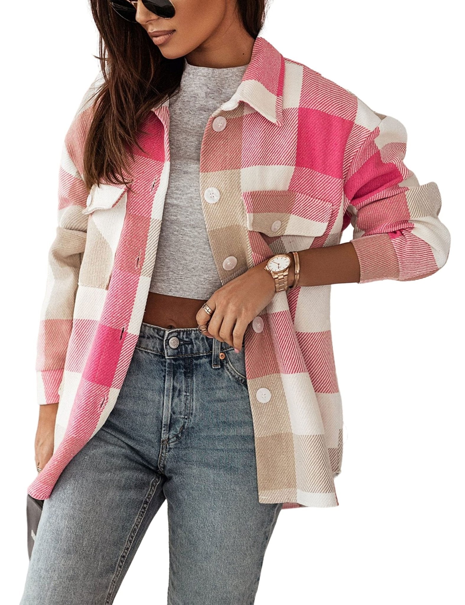 Unilexi Womens Fashion Long Sleeve Colorful Plaid Shackets Loose Lapel Collar Fleece Cardigan Coat