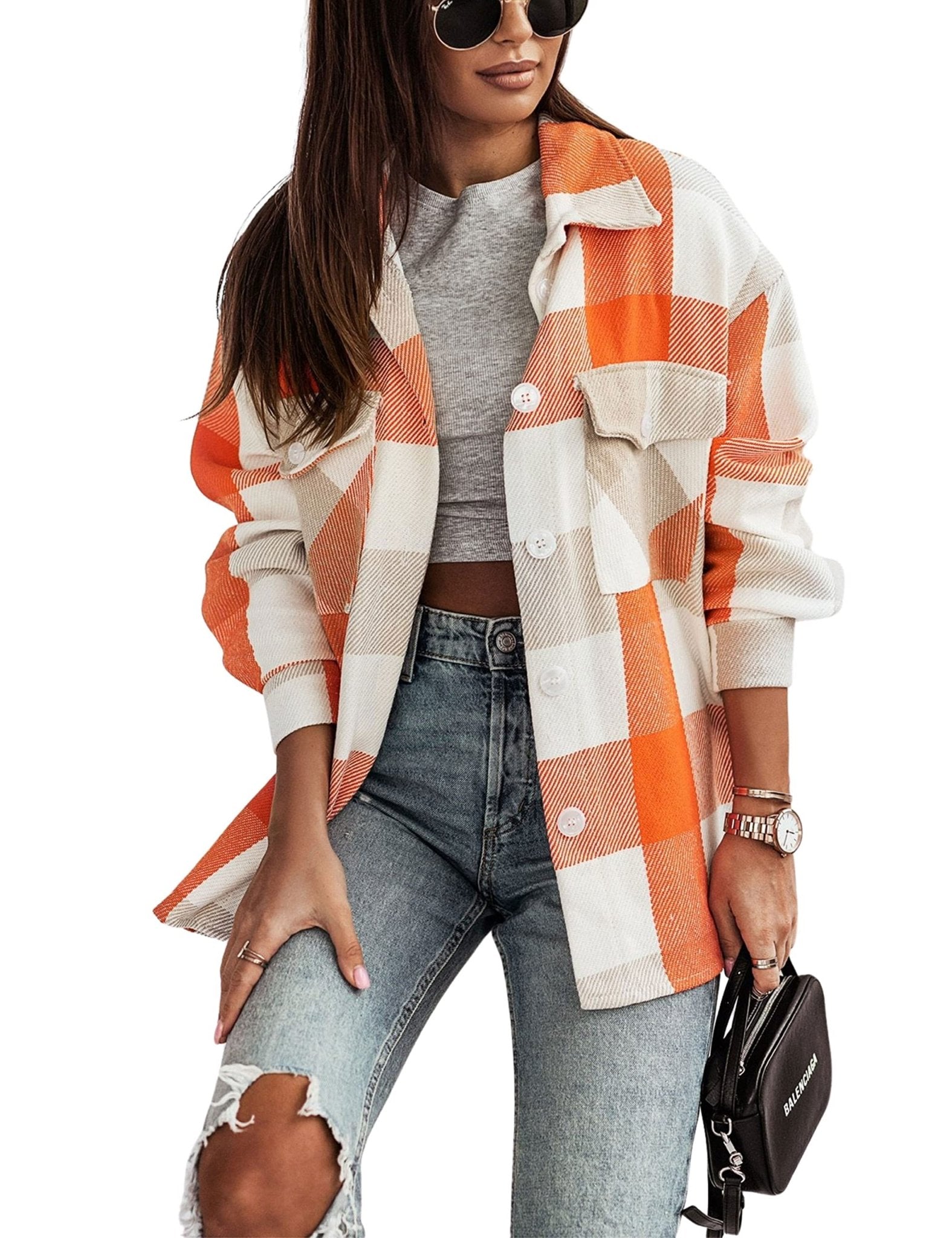 Unilexi Womens Fashion Long Sleeve Colorful Plaid Shackets Loose Lapel Collar Fleece Cardigan Coat