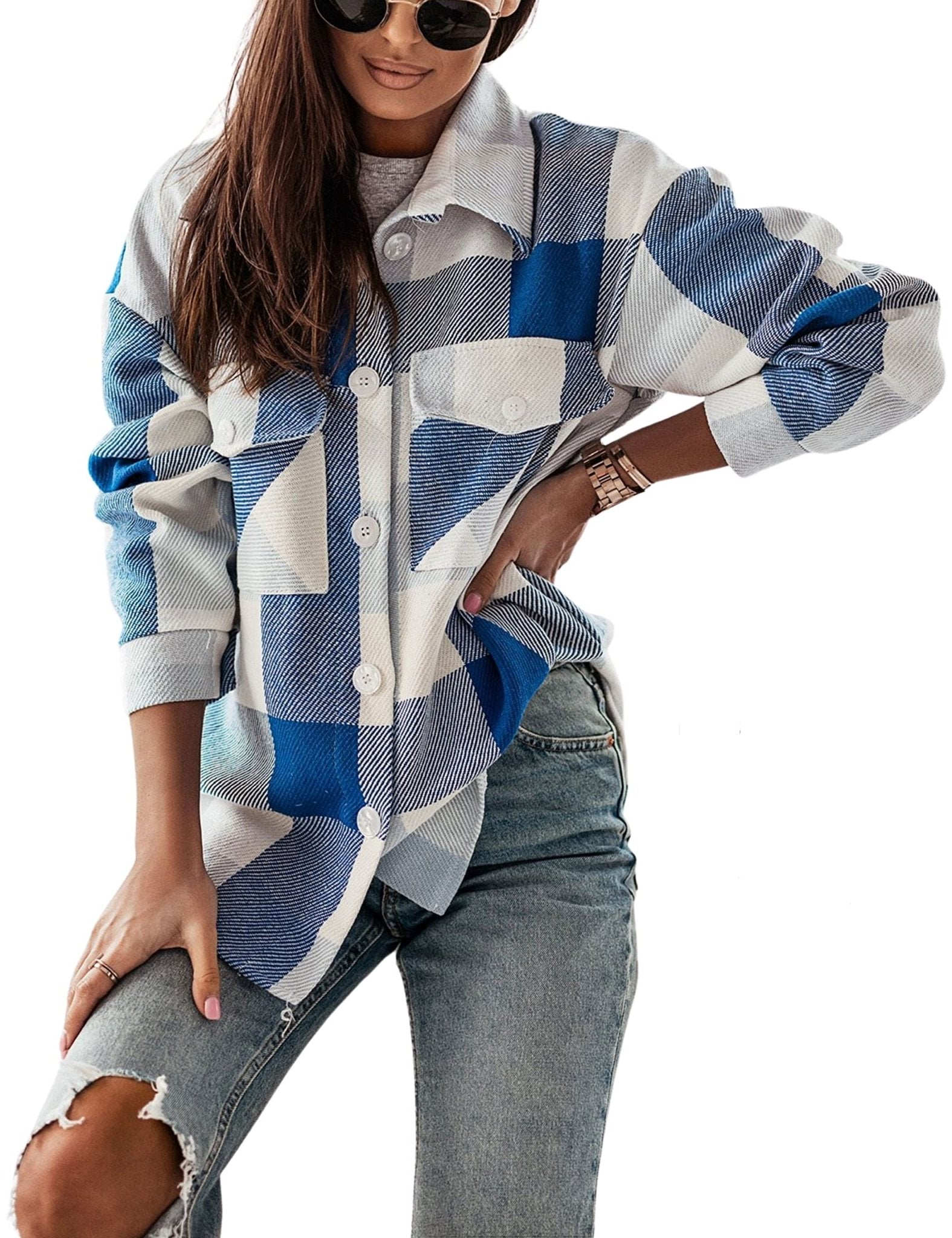 Unilexi Womens Fashion Long Sleeve Colorful Plaid Shackets Loose Lapel Collar Fleece Cardigan Coat