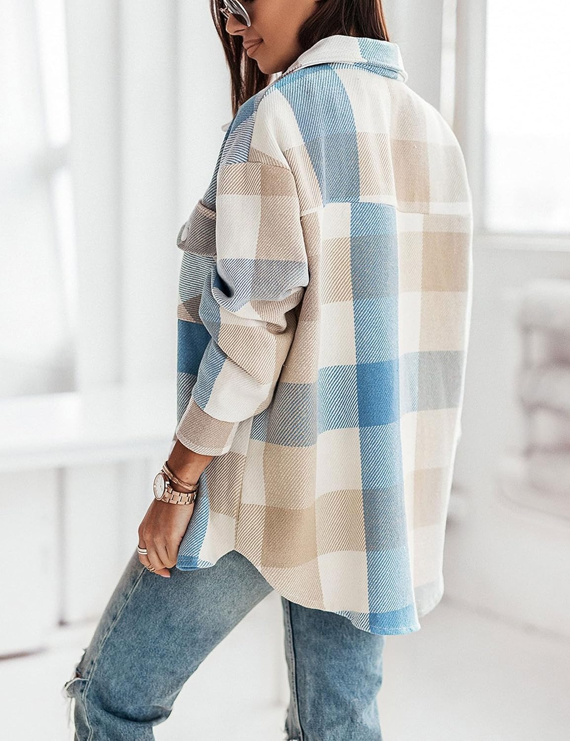 Unilexi Womens Fashion Long Sleeve Colorful Plaid Shackets Loose Lapel Collar Fleece Cardigan Coat