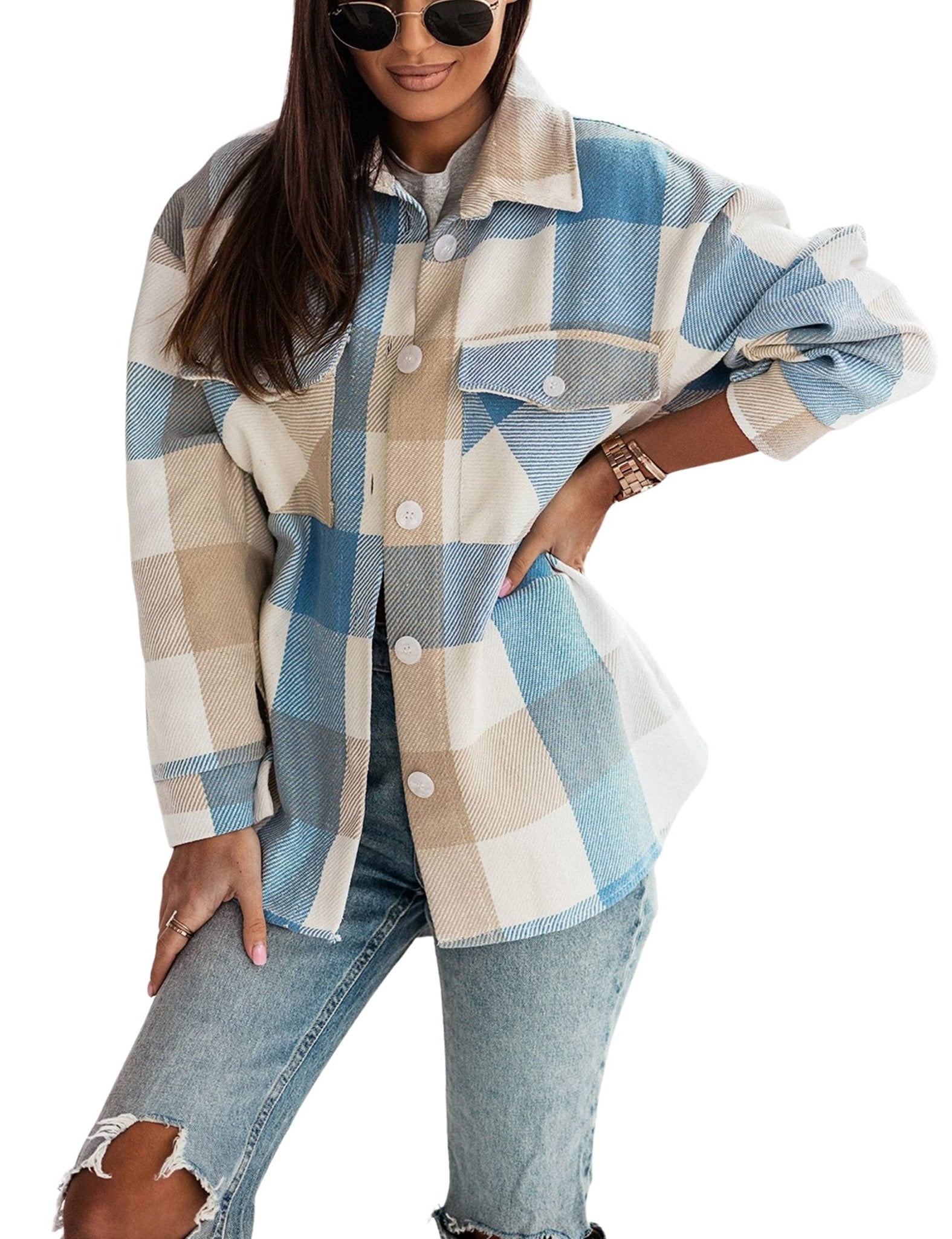 Unilexi Womens Fashion Long Sleeve Colorful Plaid Shackets Loose Lapel Collar Fleece Cardigan Coat