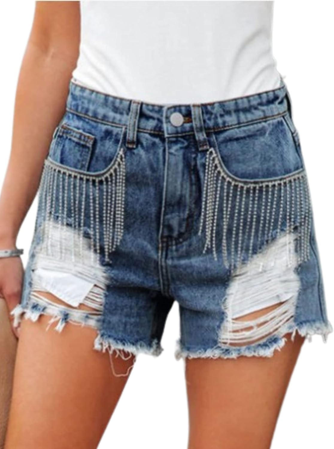Unilexi Womens Fashion Ripped Fringe Jeans Shorts High Waisted Sequins Distressed Frayed Denim Shorts