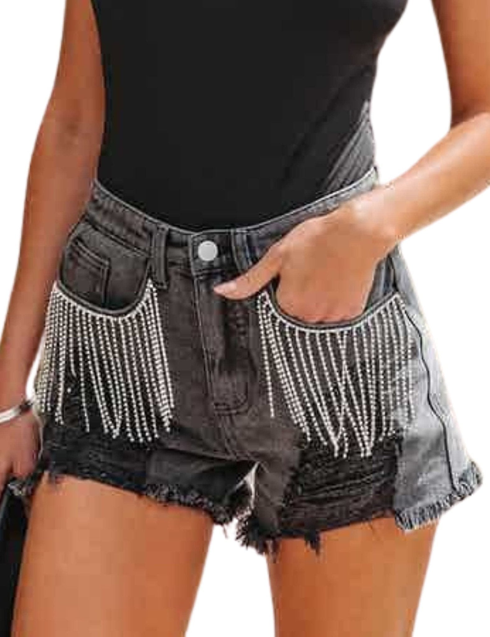 Unilexi Womens Fashion Ripped Fringe Jeans Shorts High Waisted Sequins Distressed Frayed Denim Shorts