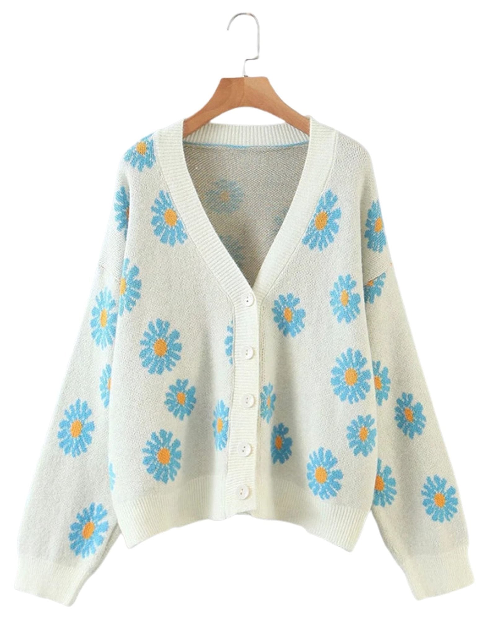 Unilexi Women's Floral Print Sweater V Neck Button Down Knitted Cardigan Long Sleeve Daisy Outerwear Coat