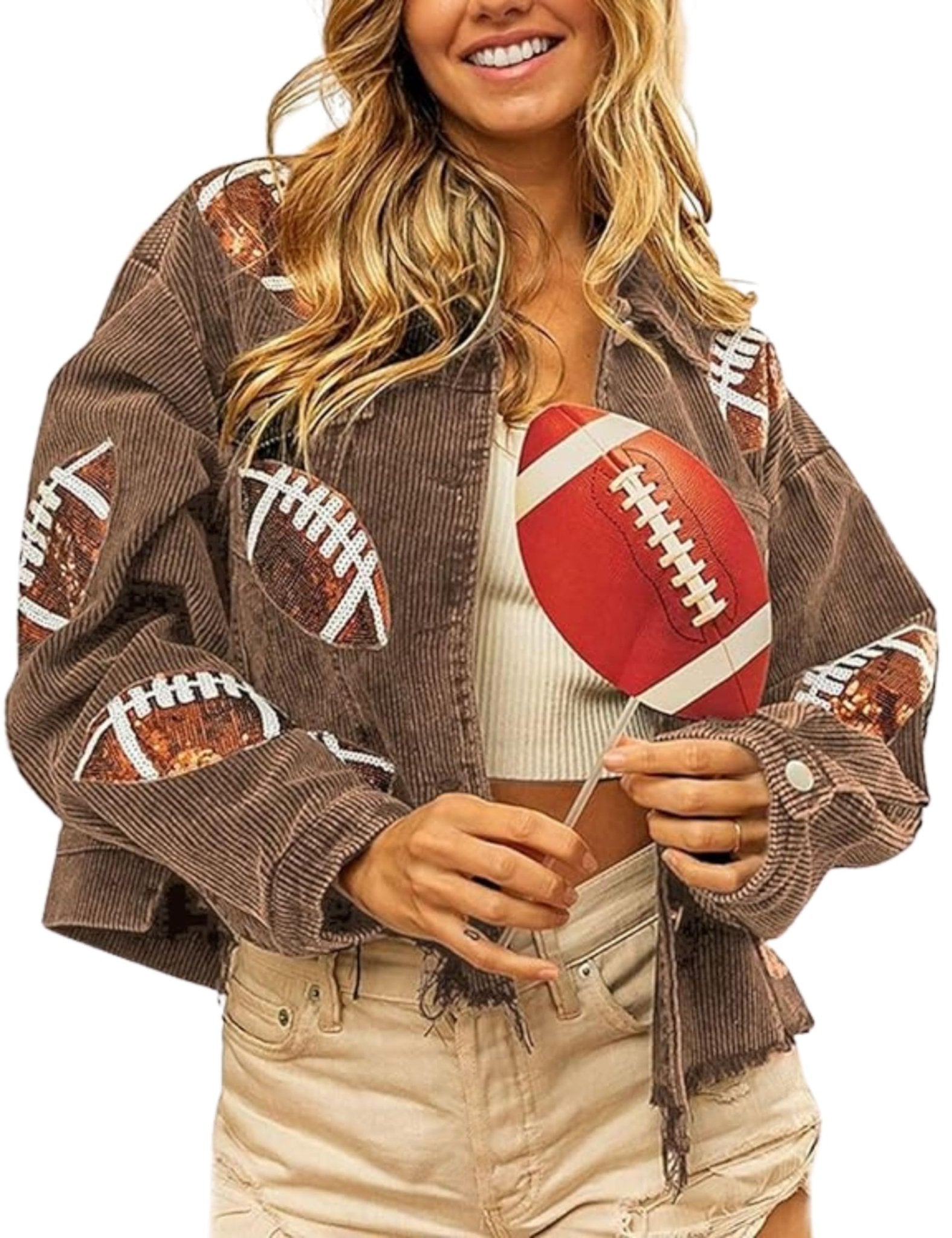 Unilexi Womens Football Jacket Cropped Frayed Hem Corduroy Jacket Coat Sequin Game Day Outfits for Women