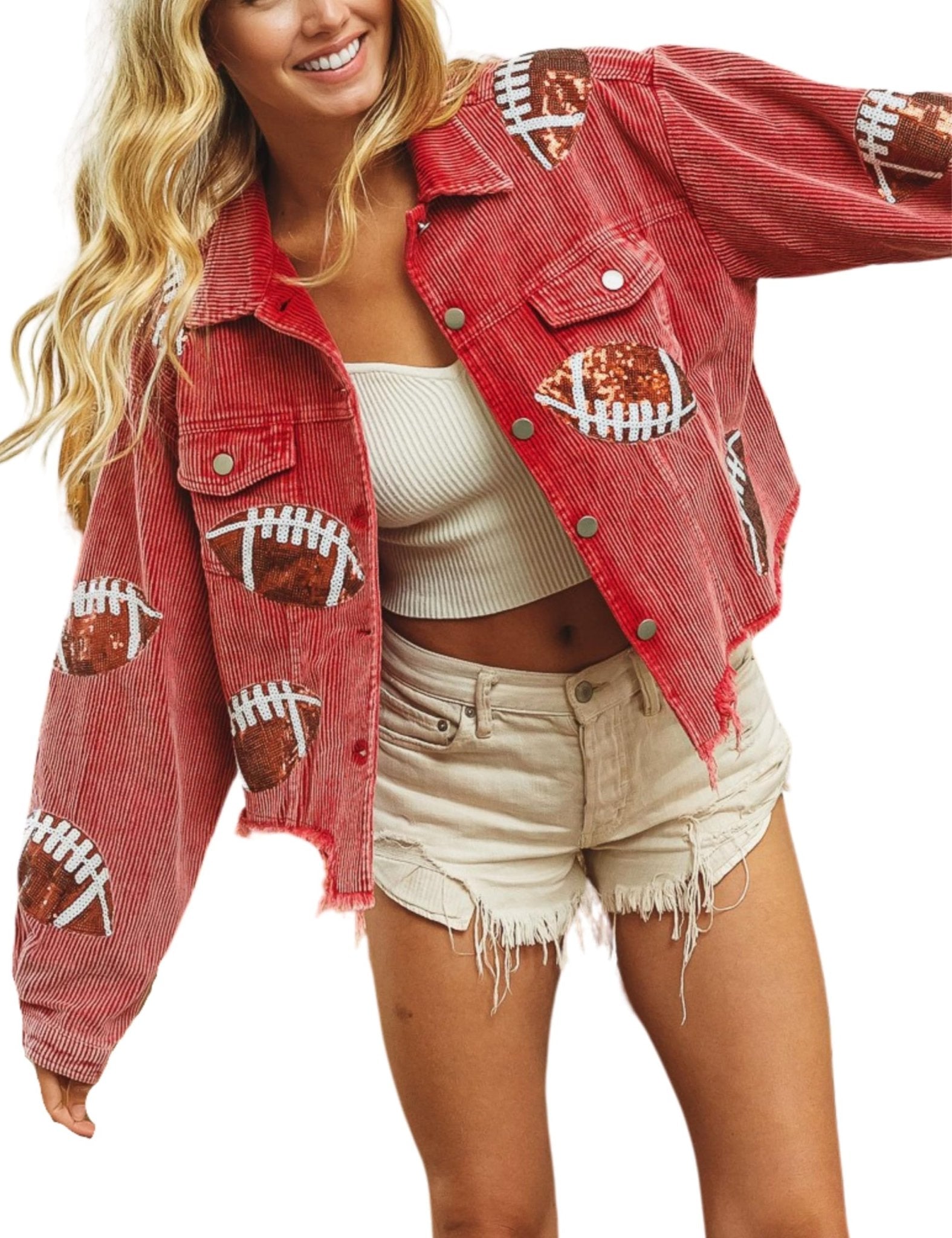Unilexi Womens Football Jacket Cropped Frayed Hem Corduroy Jacket Coat Sequin Game Day Outfits for Women