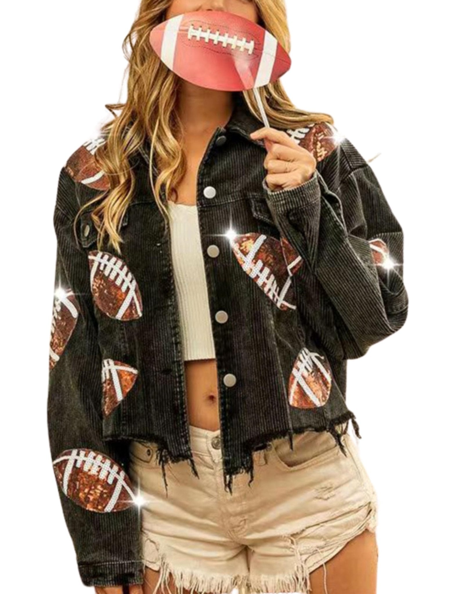 Unilexi Womens Football Jacket Cropped Frayed Hem Corduroy Jacket Coat Sequin Game Day Outfits for Women