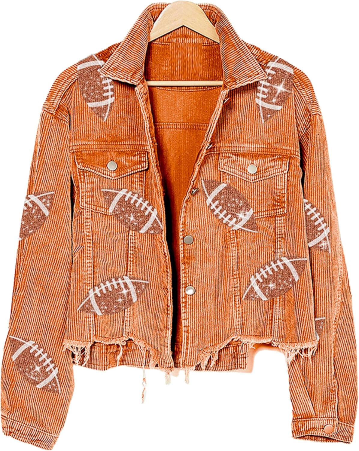 Unilexi Womens Football Jacket Cropped Frayed Hem Corduroy Jacket Coat Sequin Game Day Outfits for Women