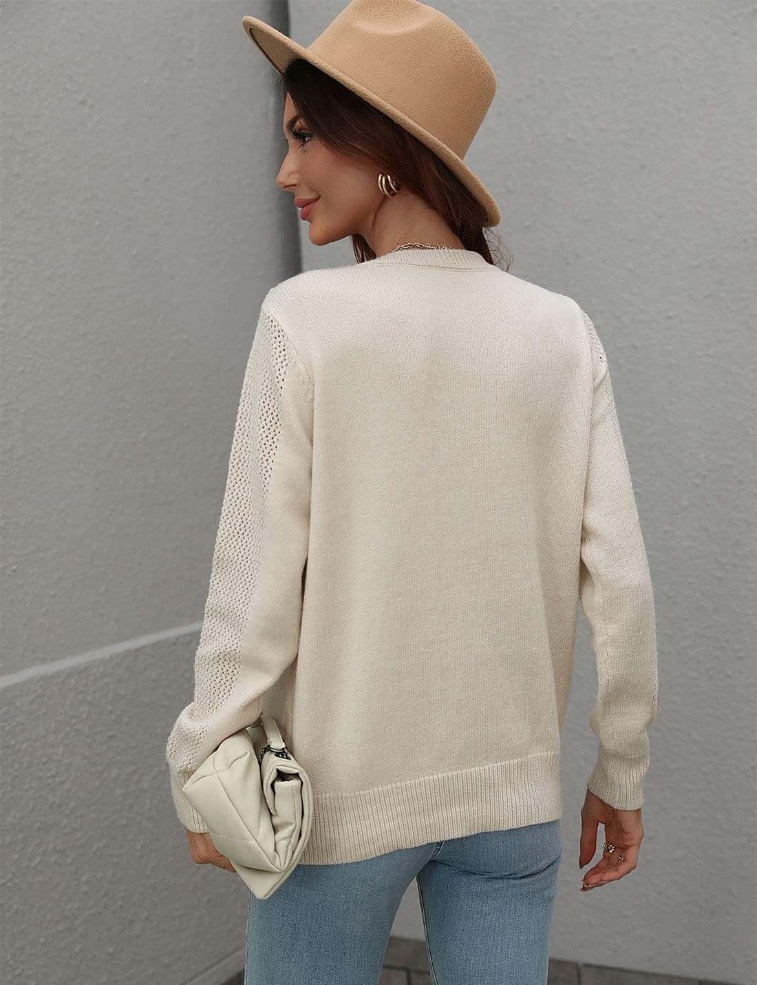 Unilexi Womens Long Sleeve Solid Color Crew Neck Sweater Loose Front Fringe Knit Tops