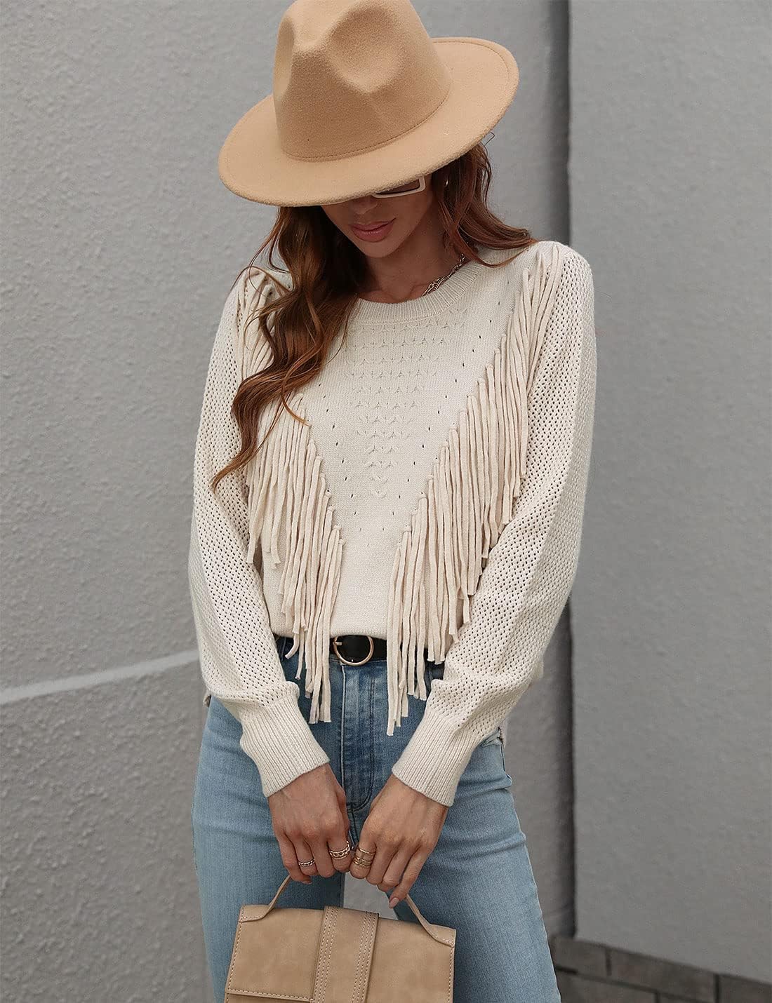 Unilexi Womens Long Sleeve Solid Color Crew Neck Sweater Loose Front Fringe Knit Tops