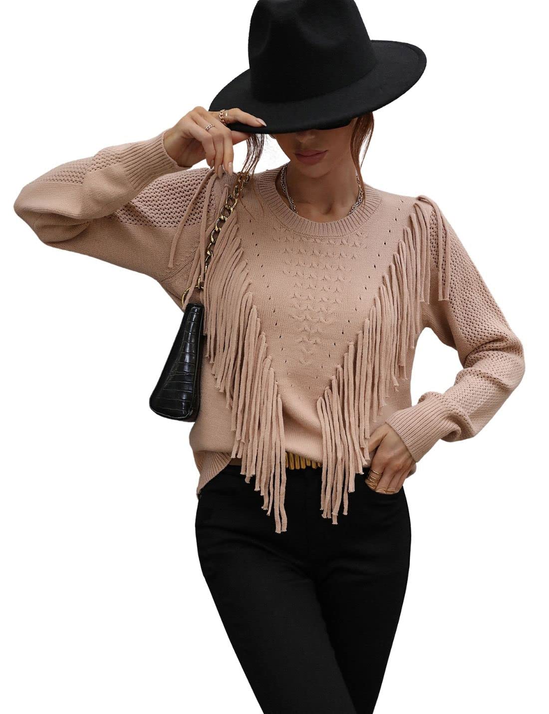 Unilexi Womens Long Sleeve Solid Color Crew Neck Sweater Loose Front Fringe Knit Tops