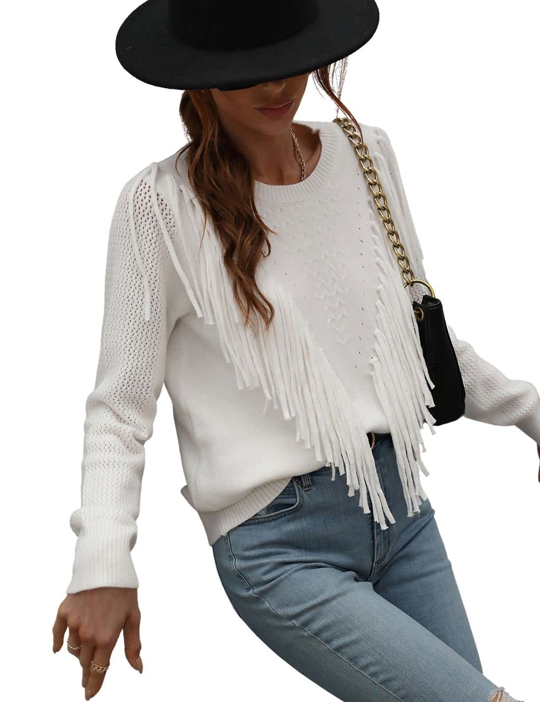 Unilexi Womens Long Sleeve Solid Color Crew Neck Sweater Loose Front Fringe Knit Tops